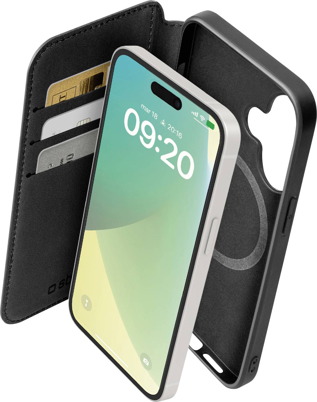 Ein Smartphone mit einer Schutzhülle wird angezeigt, die Kartenfächer aufweist und die Uhrzeit „09:20