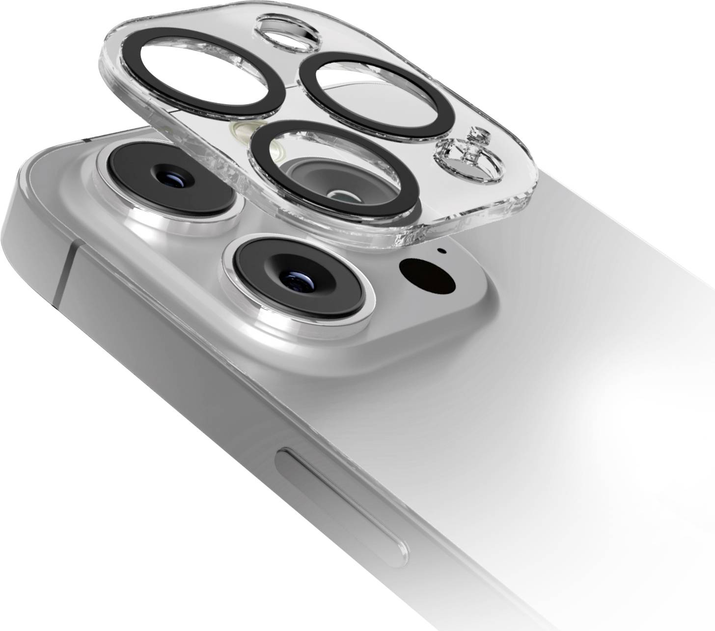 Ein klarer Schutzfilm für die Handykamera ist zu sehen, der über die doppelten Kameraobjektive eines modernen Smartphones installiert wird.