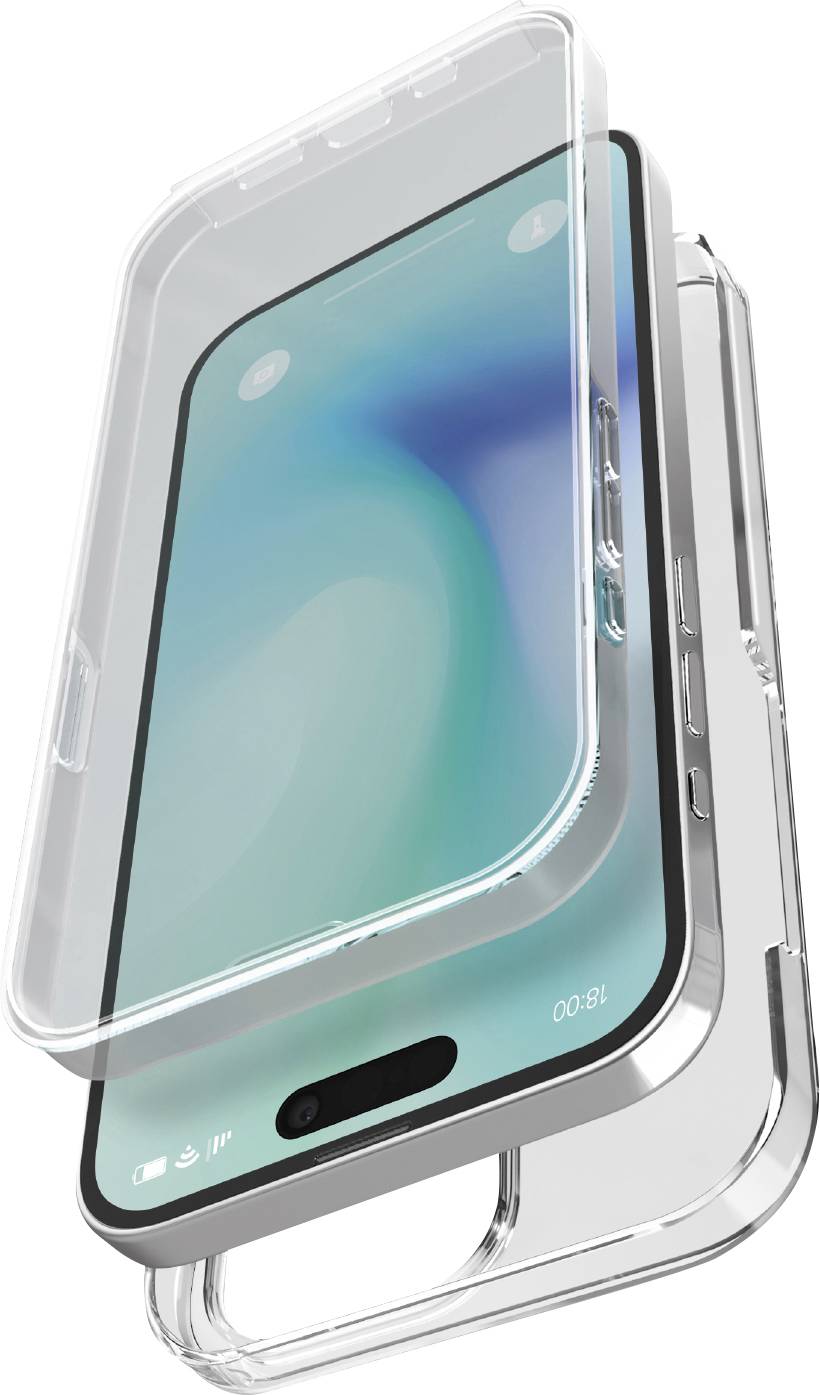 Ein transparentes Handyhülle wird mit drei Schichten gezeigt und demonstriert sein Schutzdesign um ein Smartphone mit blaugrünem Bildschirm.
