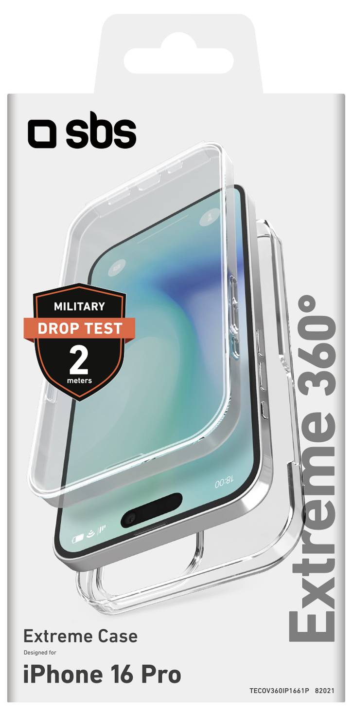 Extreme 360°-Gehäuseverpackung für iPhone 16 Pro. Verfügt über militärische Falltests mit Daumen-hoch-Symbol und Text „MILITARY DROP TEST 2 Meter