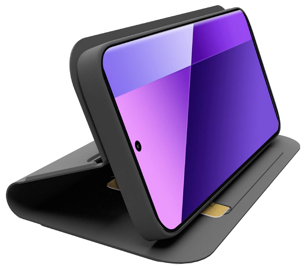 Ein Smartphone mit violettem Bildschirm ist in einer schwarzen Halterung platziert und horizontal zum Betrachten positioniert.