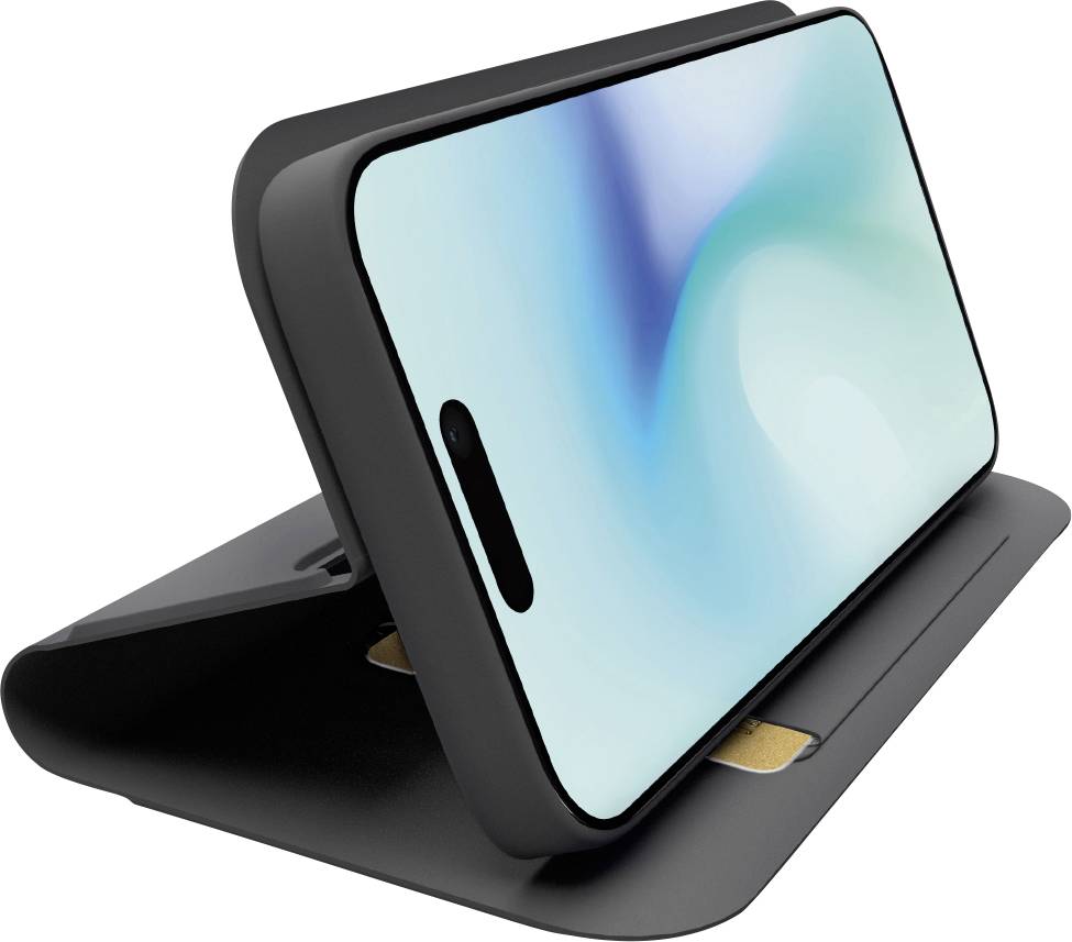 Ein Smartphone mit einem blau-weißen Bildschirm ruht auf einem schwarzen Ständer, leicht nach oben geneigt, was auf eine Anzeige oder freihändige Nutzung hindeutet.