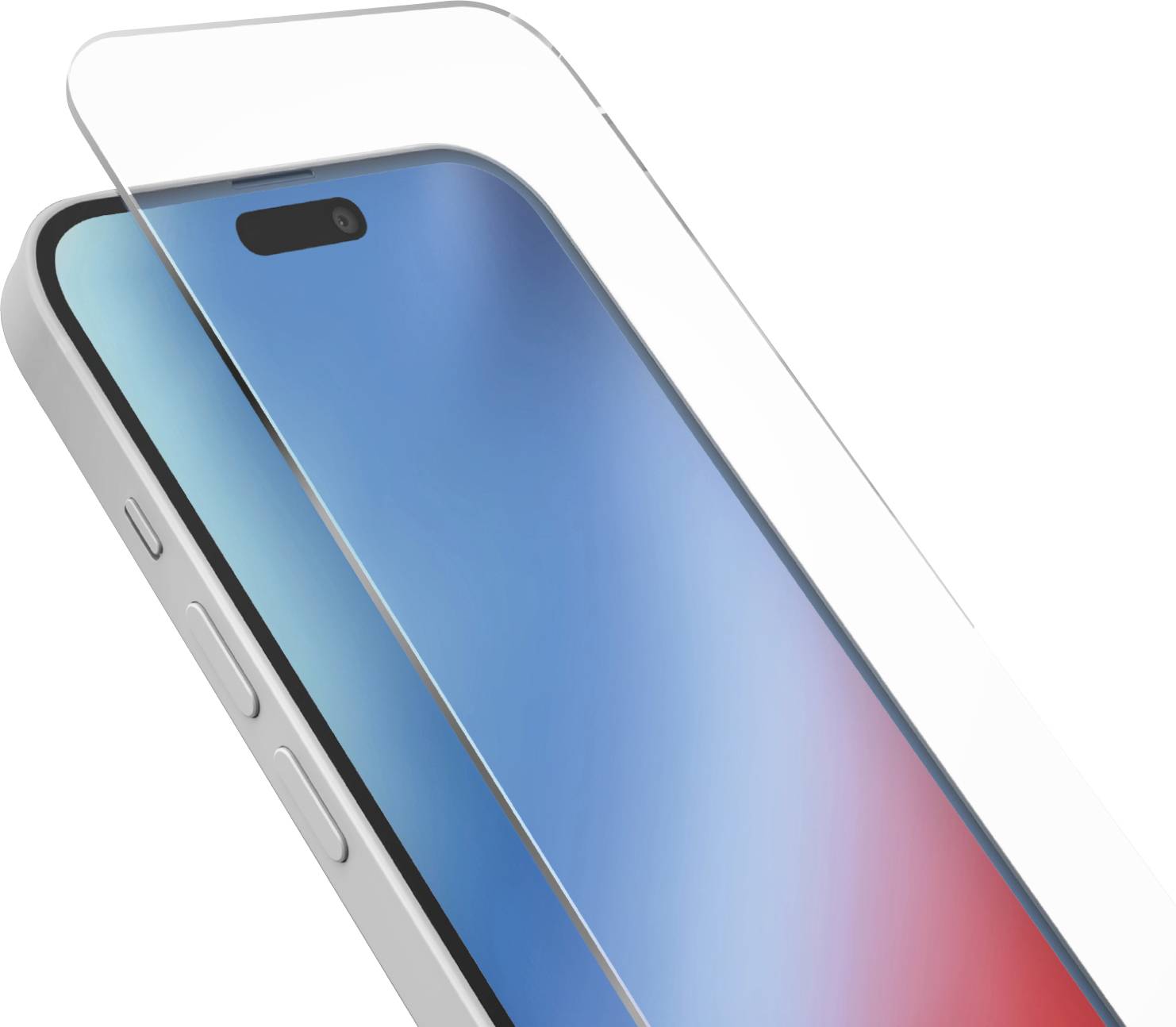 Ein Smartphone mit leuchtend blauem und rotem Farbverlauf auf dem Bildschirm ist teilweise von einem durchsichtigen, gebogenen Displayschutz bedeckt, der sein schlankes Design hervorhebt.