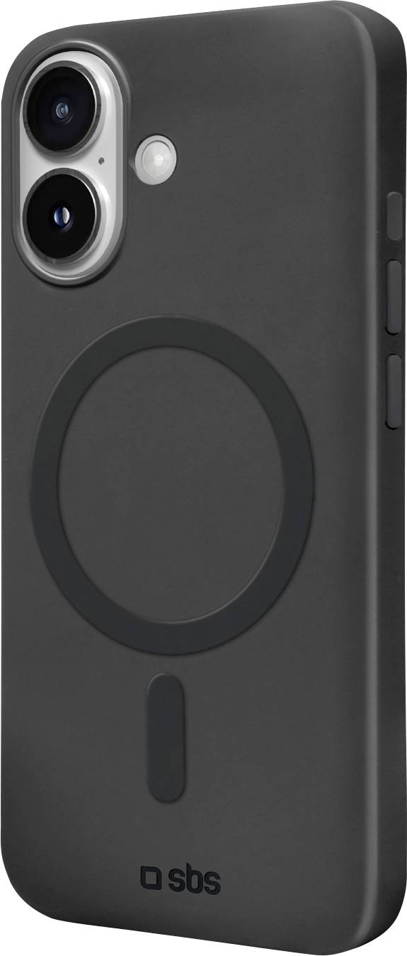 Schwarze Smartphone-Hülle mit doppelten Kameraaussparungen und MagSafe-Ring, konzipiert für verbesserten Schutz und Kompatibilität mit kabelloses Laden.