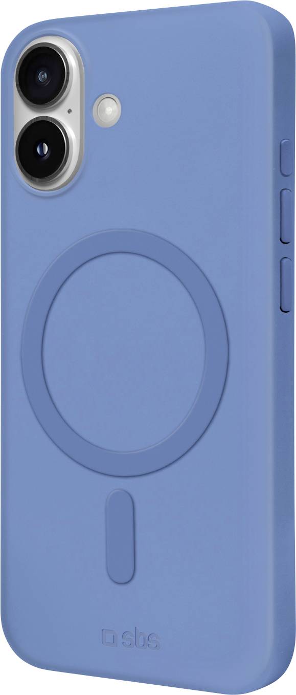 Ein blaues Handyhülle wird mit einem kreisförmigen Design zur MagSafe-Kompatibilität und zwei Kameraaussparungen gezeigt, aus einer hinteren Perspektive betrachtet.