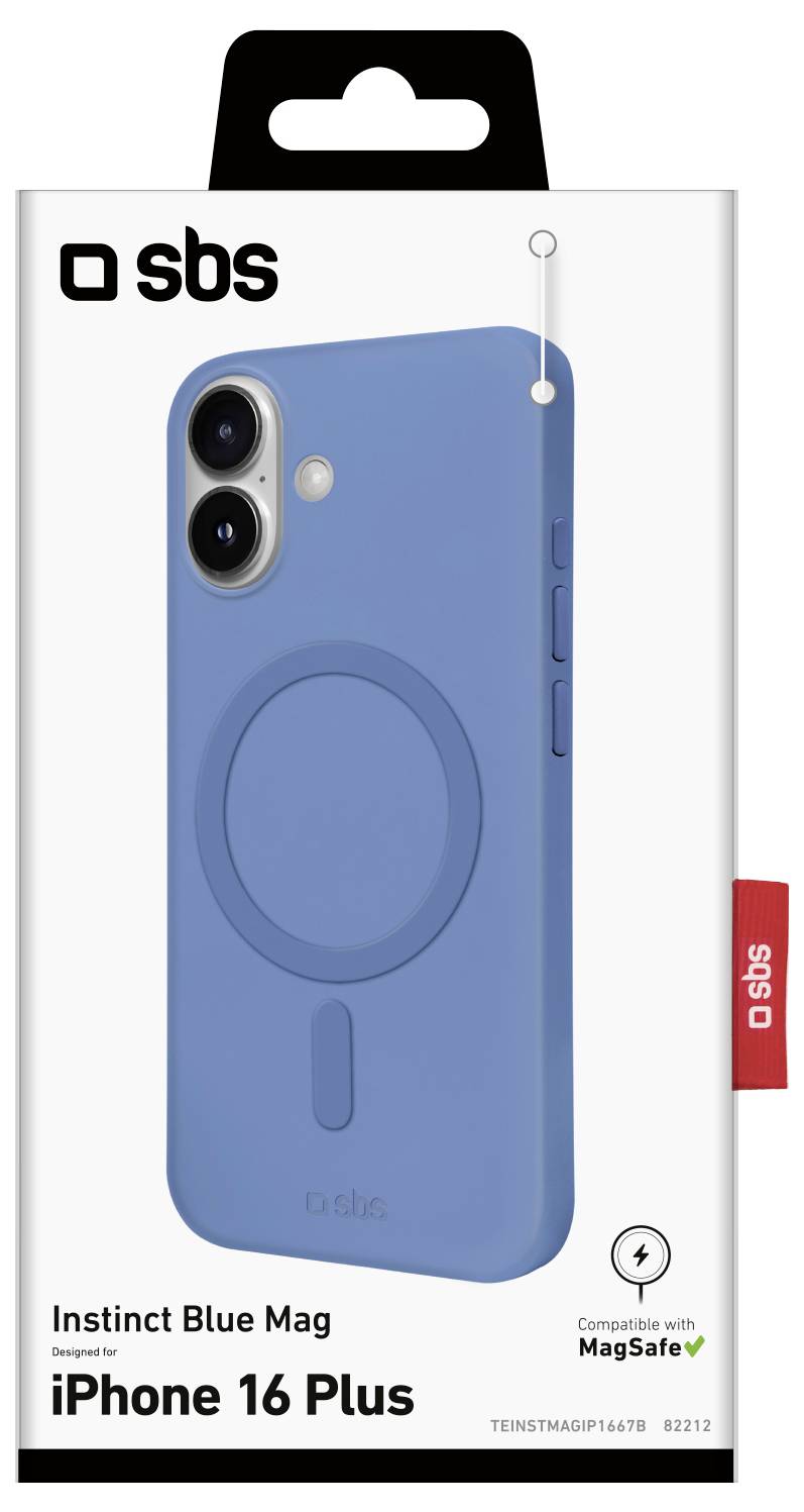 Verpackung einer blauen Handyhülle für iPhone 16 Plus. Merkmale: 