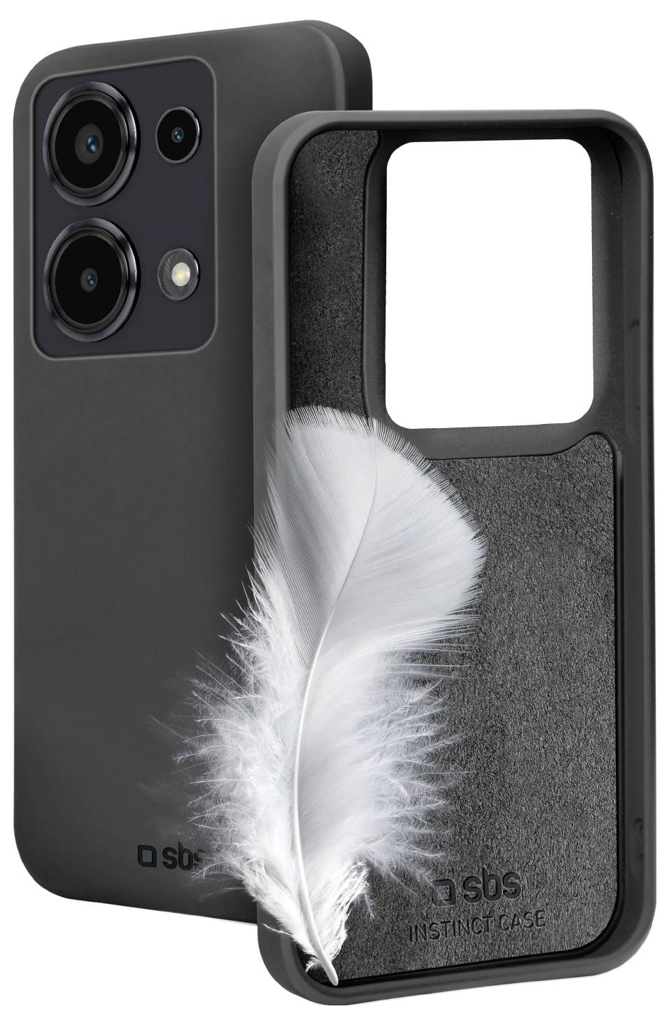 Ein schwarzes Smartphone-Case mit einer Feder, die ein leichtes Design andeutet. Die Feder ist über eines der Cases gelegt.