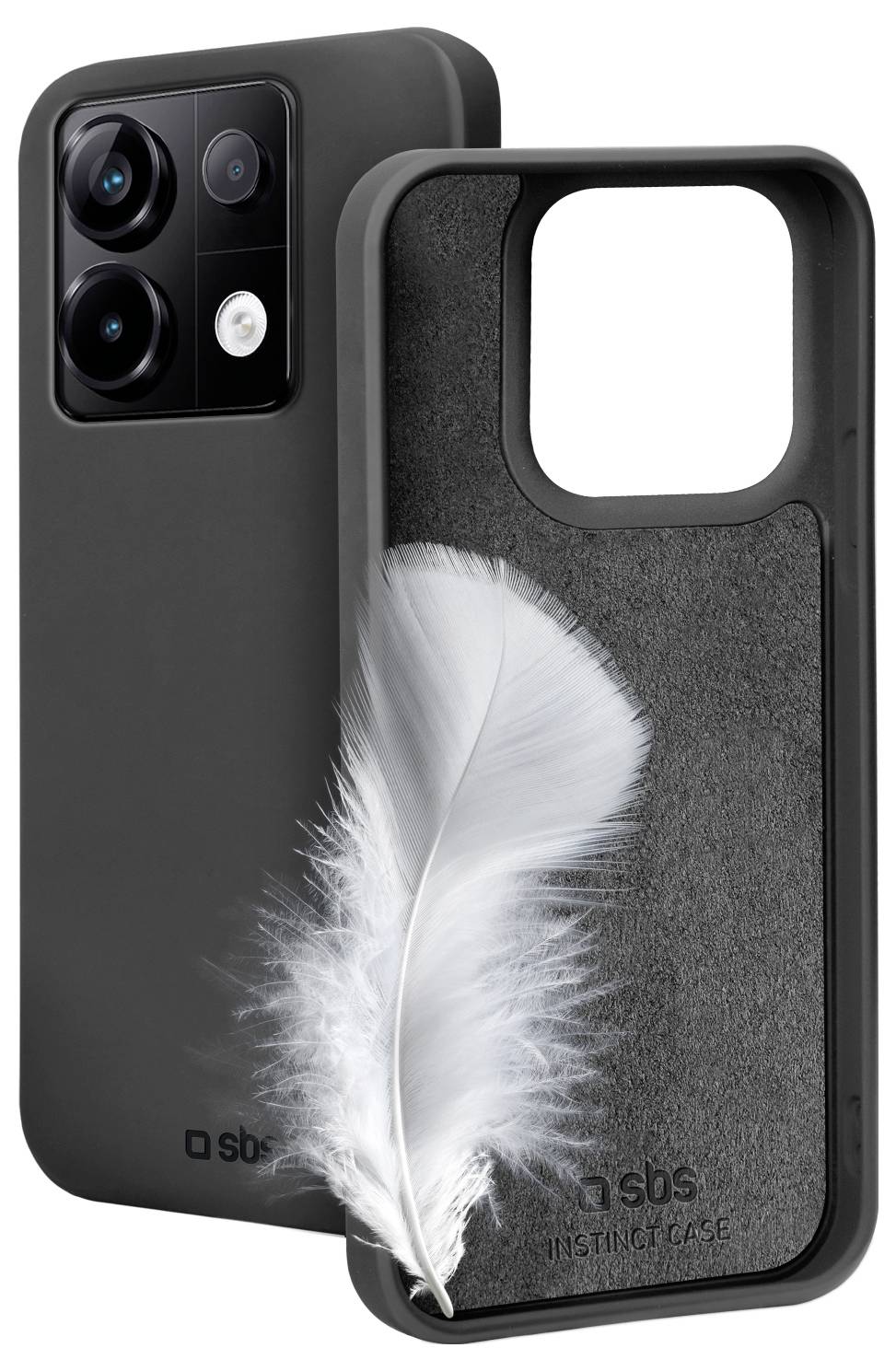 Eine schwarze Smartphone-Hülle mit einer Feder darin zeigt die glatte Textur und das leichte Design der Hülle.