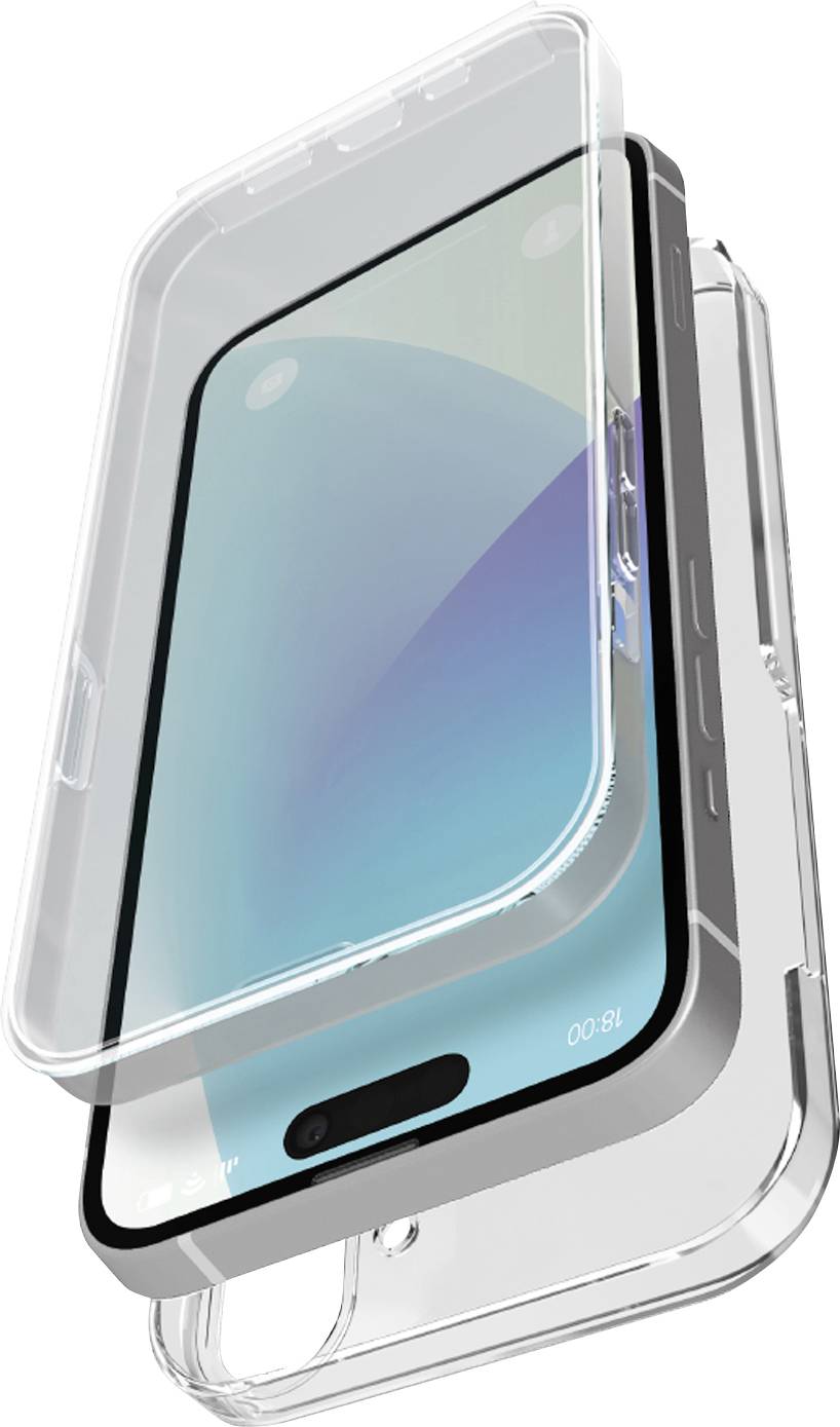Ein transparentes Handyschutzhülle mit offener Ansicht, die sowohl die Vorder- als auch die Rückseite für den Smartphoneschutz zeigt.