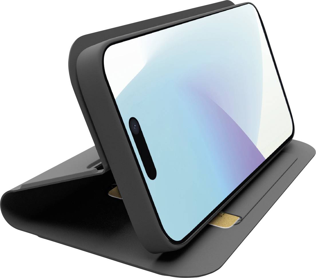 Ein Smartphone mit einem Gradient-Display ist auf einem schlanken, schwarzen, geneigten Ständer montiert, der dafür ausgelegt ist, das Gerät aufrecht zu halten und einfaches Betrachten zu ermöglichen.