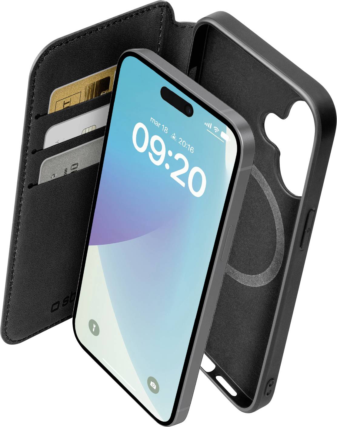 „Schwarze Handyhülle mit Kartenfächern offen, zeigt Karten und ein Smartphone mit der Zeit 09:20.
