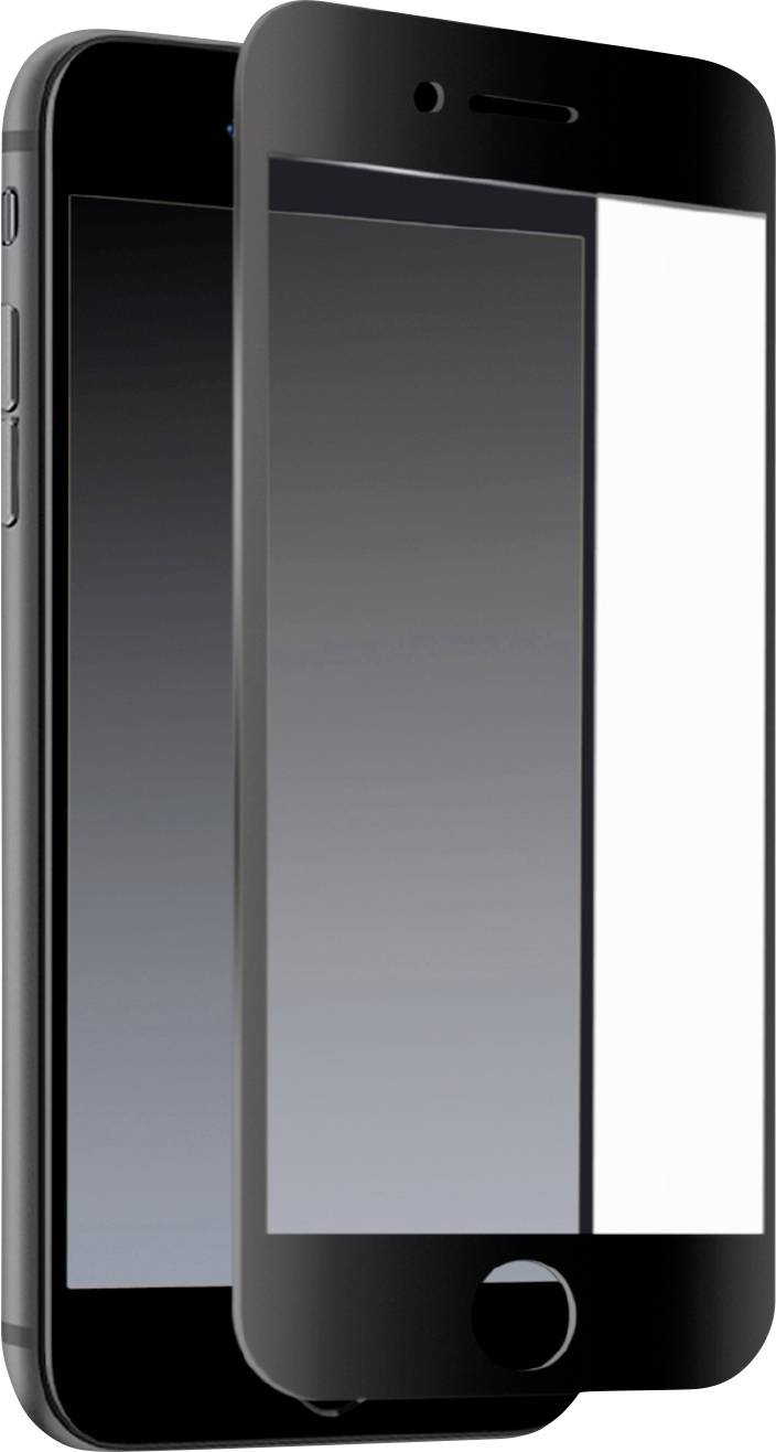 Ein Smartphone mit einer teilweise angebrachten schwarzen gehärteten Glasschutzfolie, die ihre Kontur und Passform über dem Display zeigt.