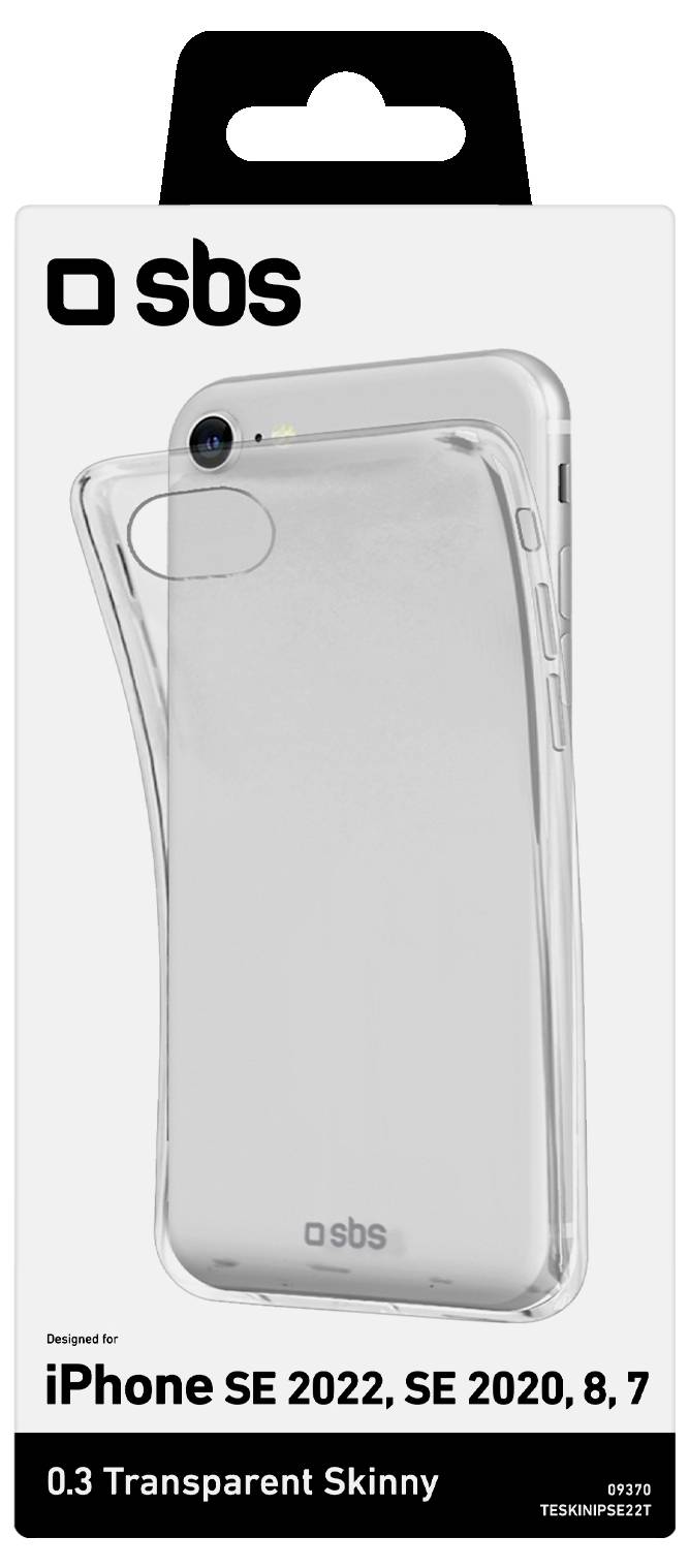 Ein klares Etui mit der Bezeichnung '0.3 Transparent Skinny' für iPhone SE 2022, SE 2020, 8, 7 von SBS; die Verpackung ist schwarz-weiß mit Produktabbildung.