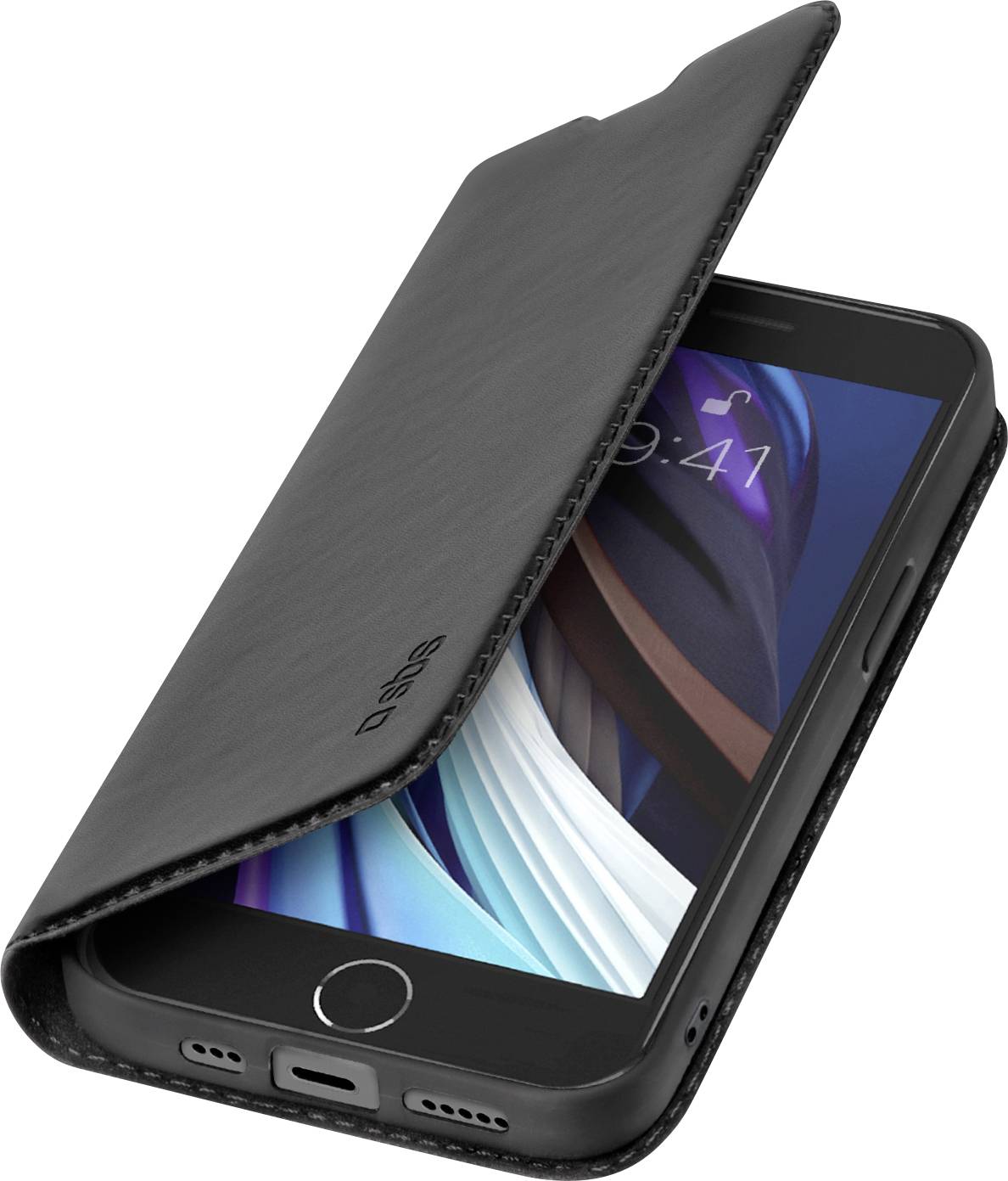 Ein Smartphone in einer schwarzen Lederklappetui, halb geöffnet, mit einem farbenfrohen abstrakten Hintergrund auf dem Bildschirm.
