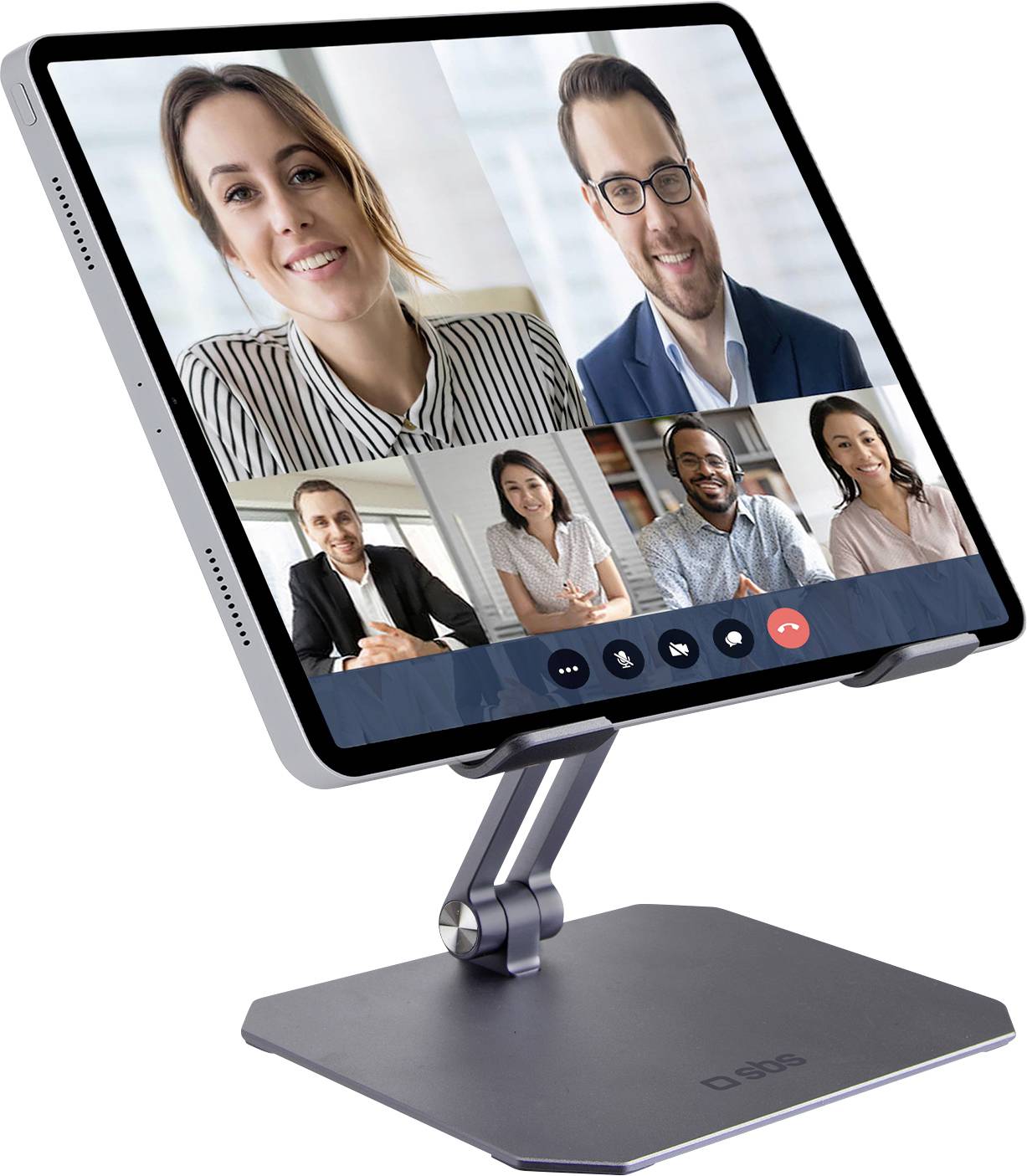 Ein Tablet steht aufrecht in einer Schutzhülle. Der Bildschirm zeigt App-Symbole und eine Suchleiste vor einem blauen und violetten abstrakten Hintergrund.