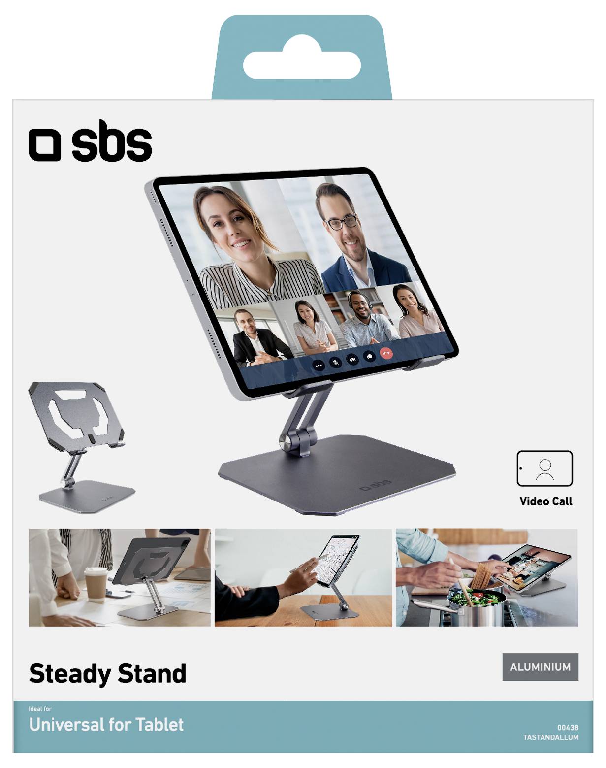 Steady Stand Universal für Tablet-Paket mit einer Tablet-Halterung und einem Tablet, das einen Videoanruf von vier Personen anzeigt.