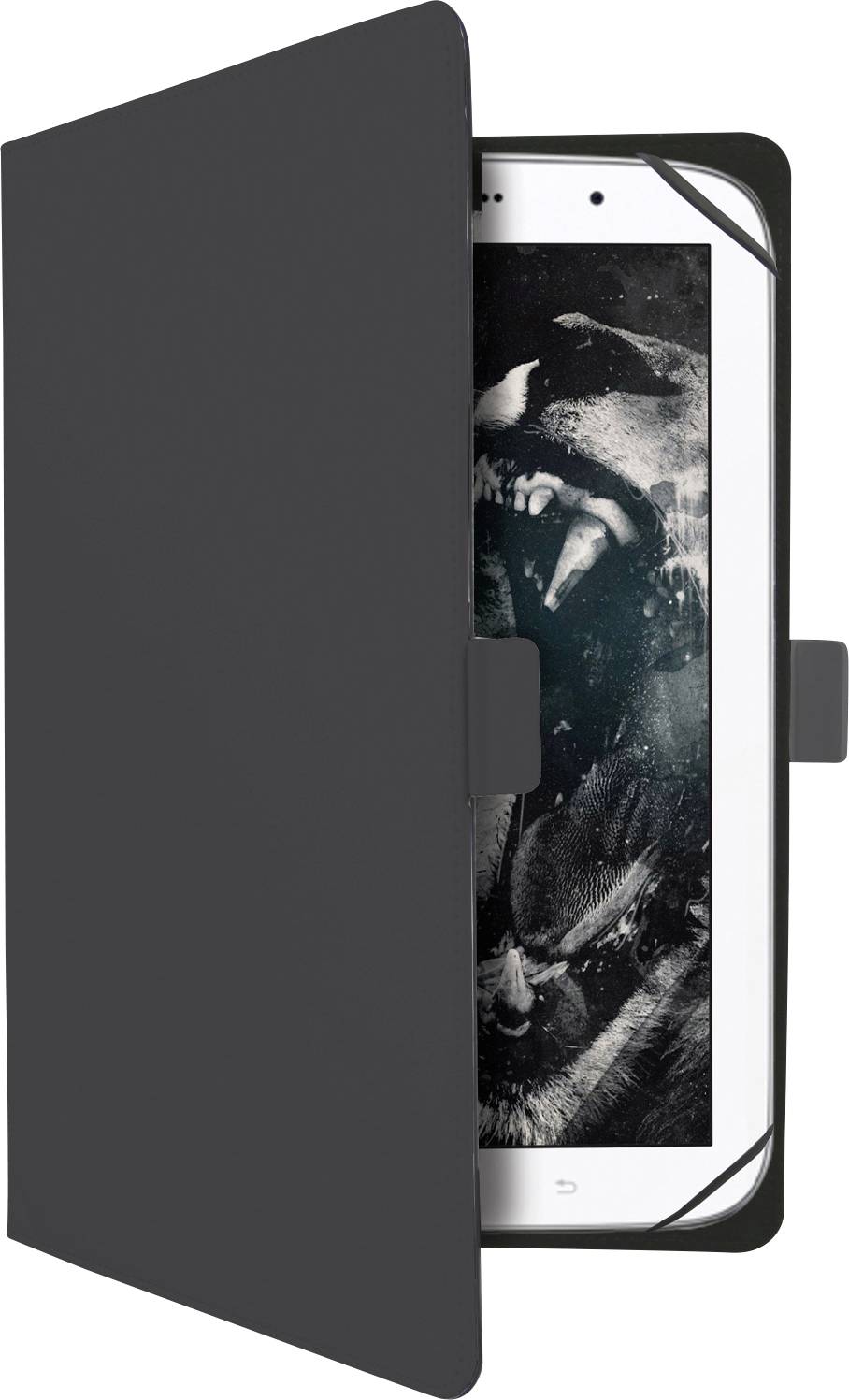 Ein Smartphone, das teilweise von einer schwarzen Hülle bedeckt ist, zeigt auf seinem Bildschirm das Bild eines brüllenden Tieres.