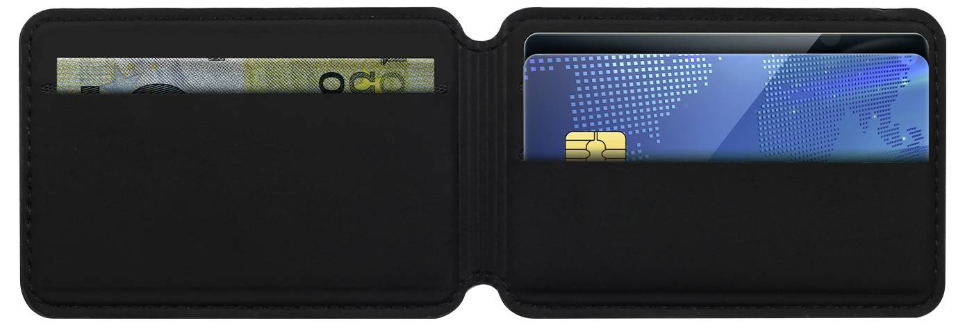 Eine offene schwarze Geldbörse mit einer Banknote auf der linken Seite und einer blauen Kreditkarte mit goldenem Chip auf der rechten Seite.