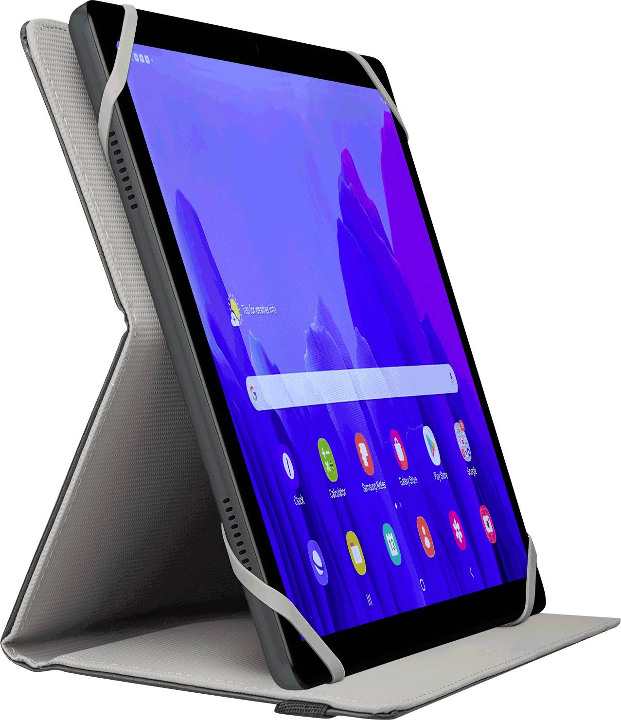Eine Tablet mit blauem Bildschirm, die App-Symbole anzeigt, wird aufrecht in einer grauen Schutzhülle gehalten.