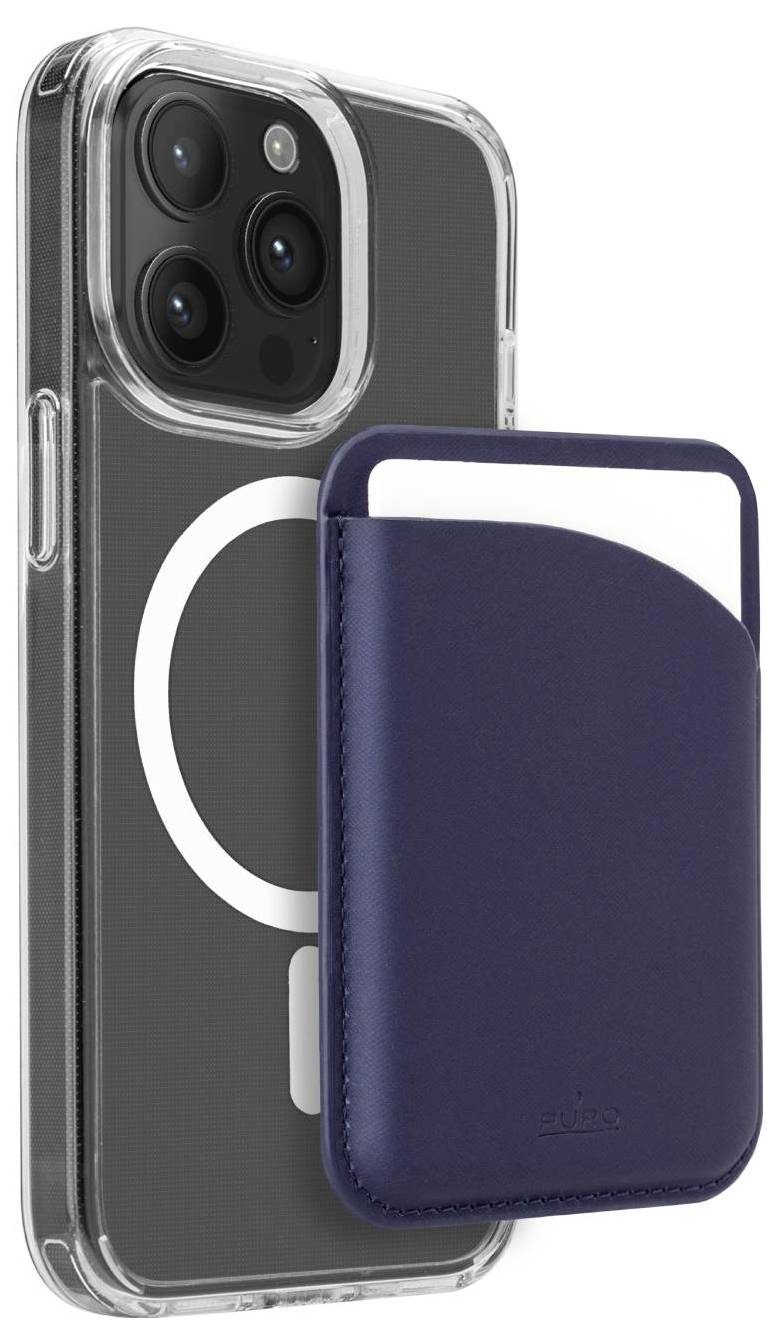 Ein Smartphone mit einer durchsichtigen Hülle und einem blauen Lederkartenhalter, der auf der Rückseite angebracht ist und die Kamera des Telefons sowie die magnetische Befestigung zeigt.