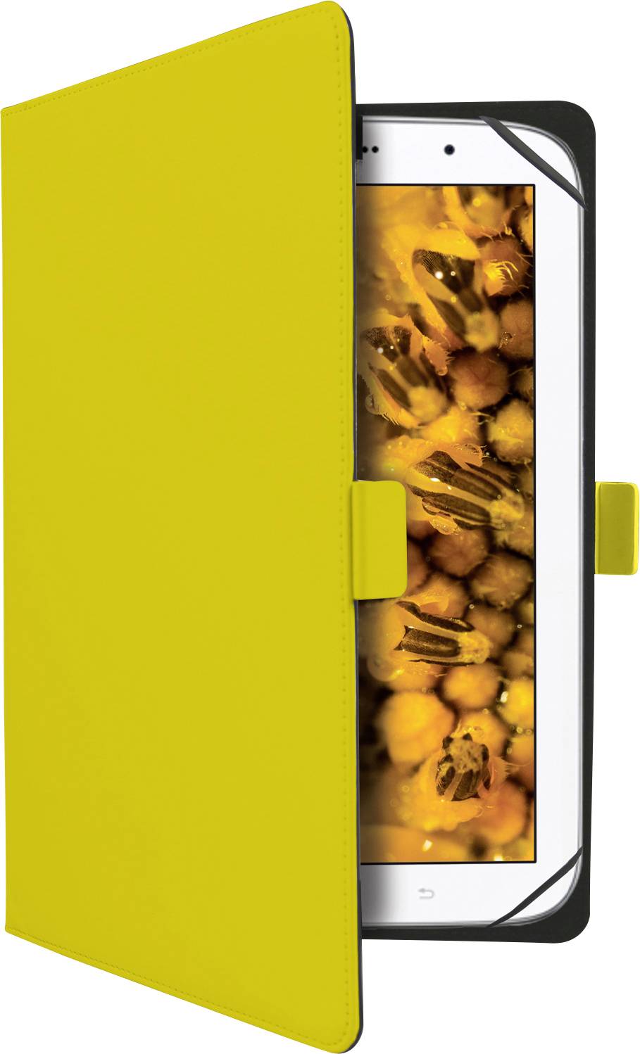 Ein Smartphone, das teilweise von einer gelben Schutzhülle bedeckt ist, zeigt ein Bild von Bienen auf seinem Bildschirm.