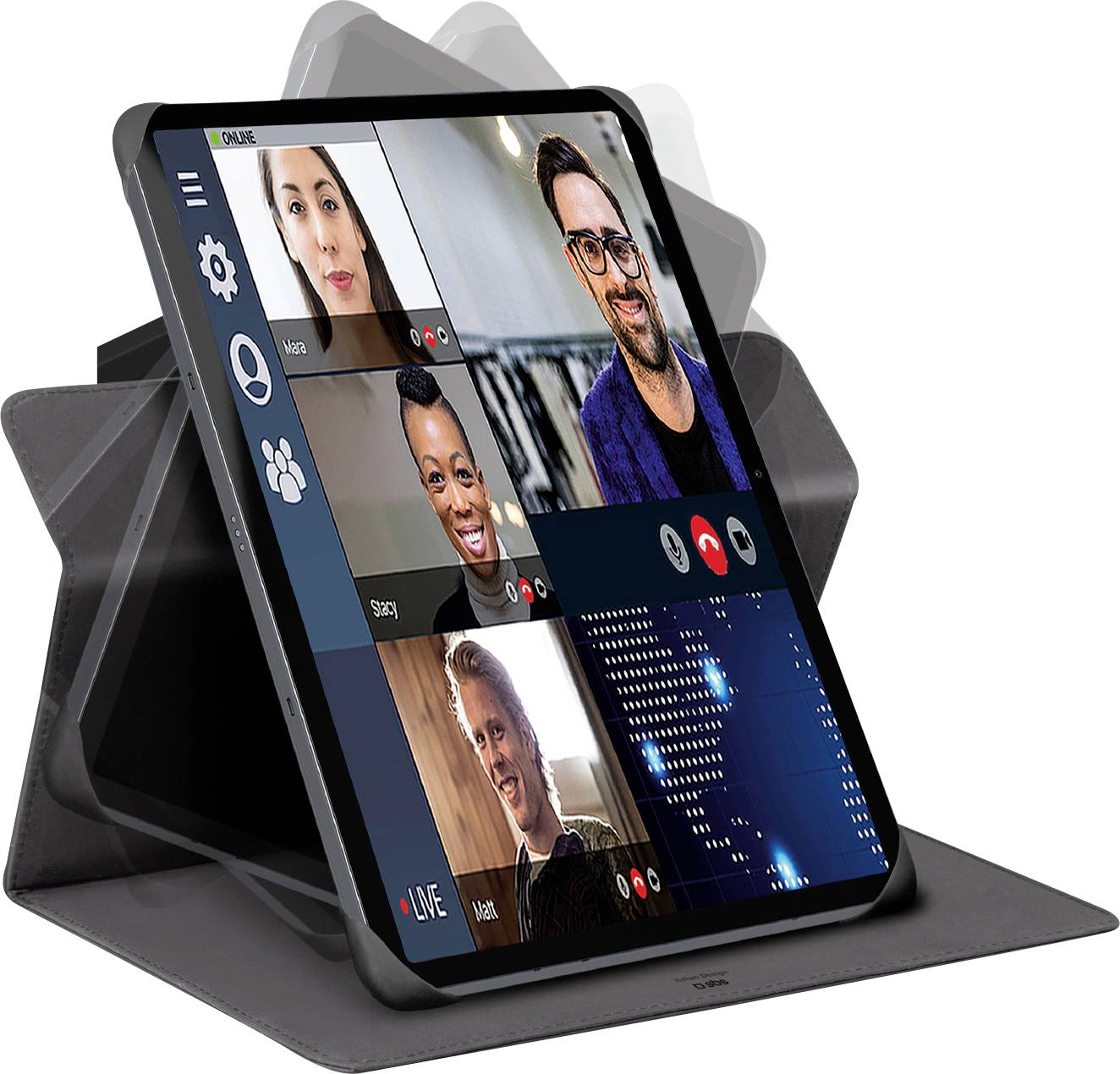 Ein Tablet zeigt ein virtuelles Treffen mit vier Videofeeds von vielfältigen Teilnehmern und Symbole für Einstellungen, Anrufsteuerung und Chat an.