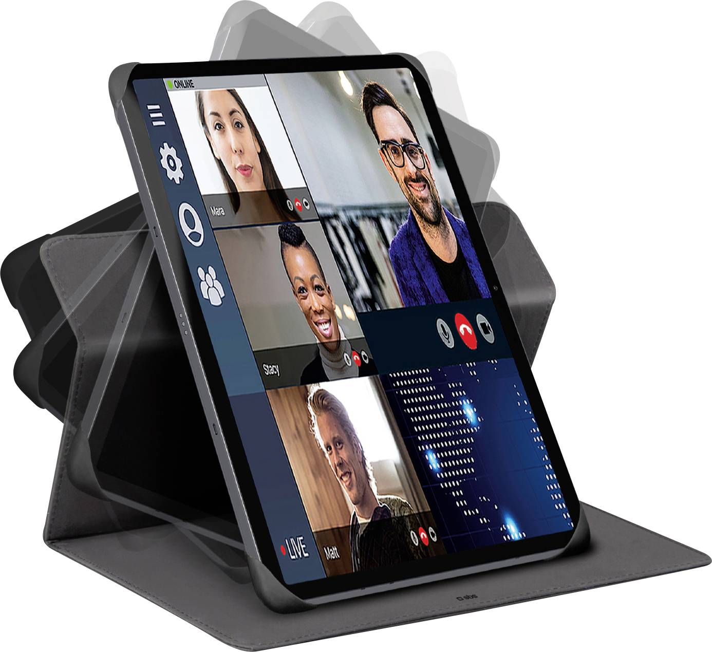 Ein Tablet ist geneigt und zeigt einen Videoanruf mit mehreren Teilnehmern. Der Bildschirm zeigt lächelnde Personen in einem Rasterlayout.