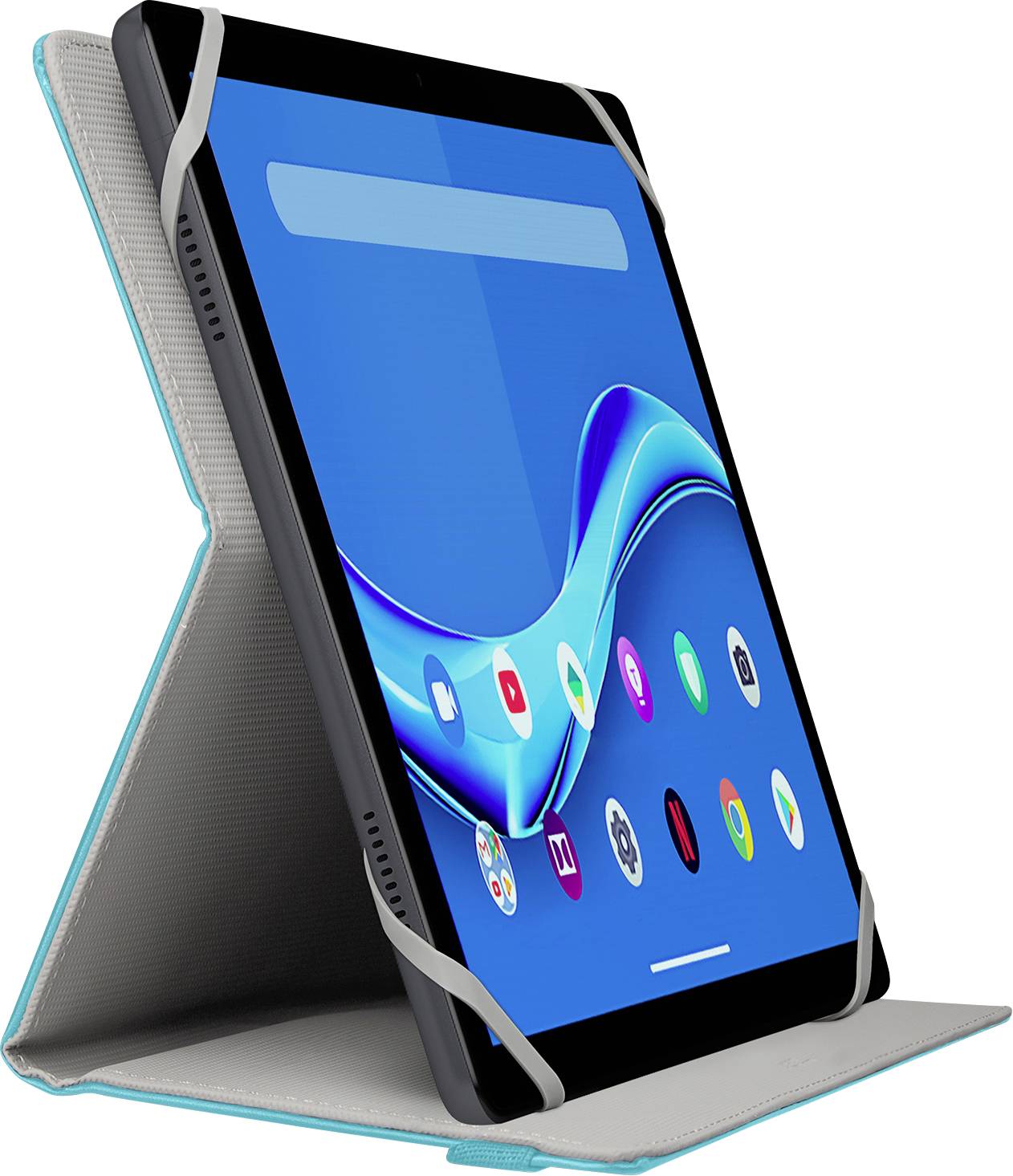 Ein Tablet in einer blauen Schutzhülle steht aufrecht und zeigt bunte App-Symbole auf einem blauen Bildschirm an, was die Einsatzbereitschaft in einem Arbeitsbereich anzeigt.