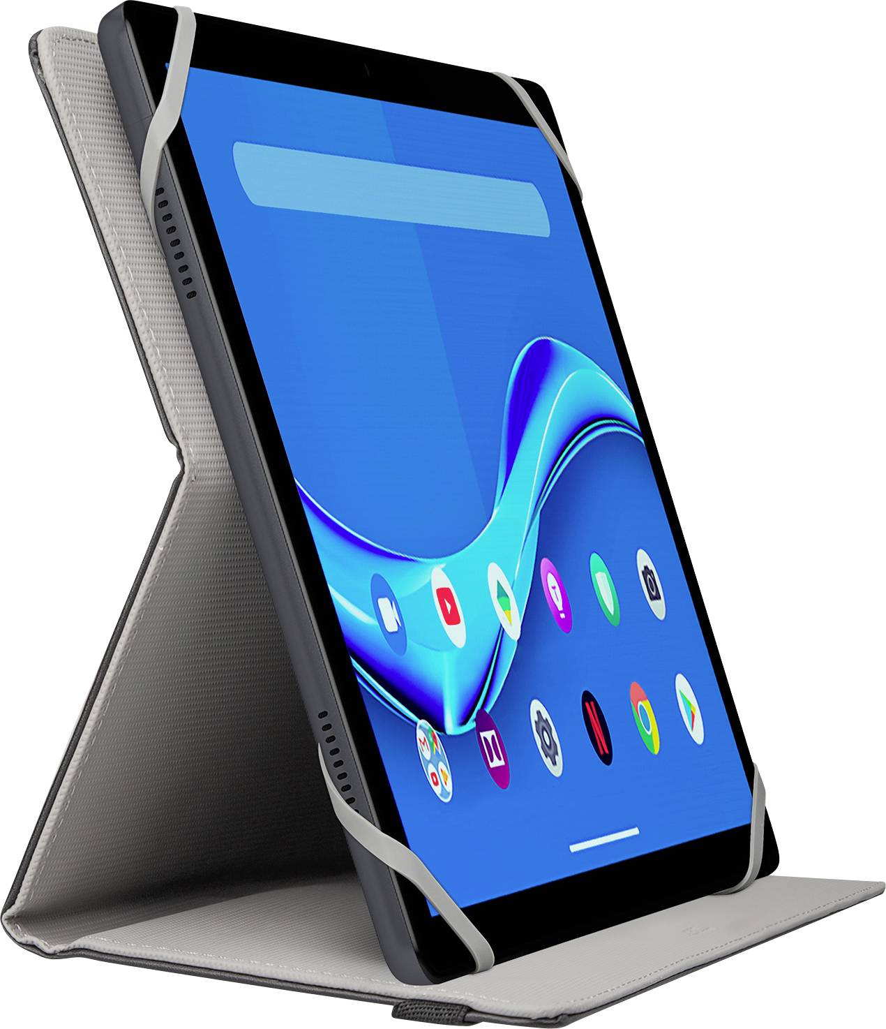 Ein Tablet in einem Ständer zeigt einen blauen Bildschirm mit mehreren bunten App-Symbolen und deutet auf die Verwendung für Unterhaltungs- oder Arbeitszwecke hin.