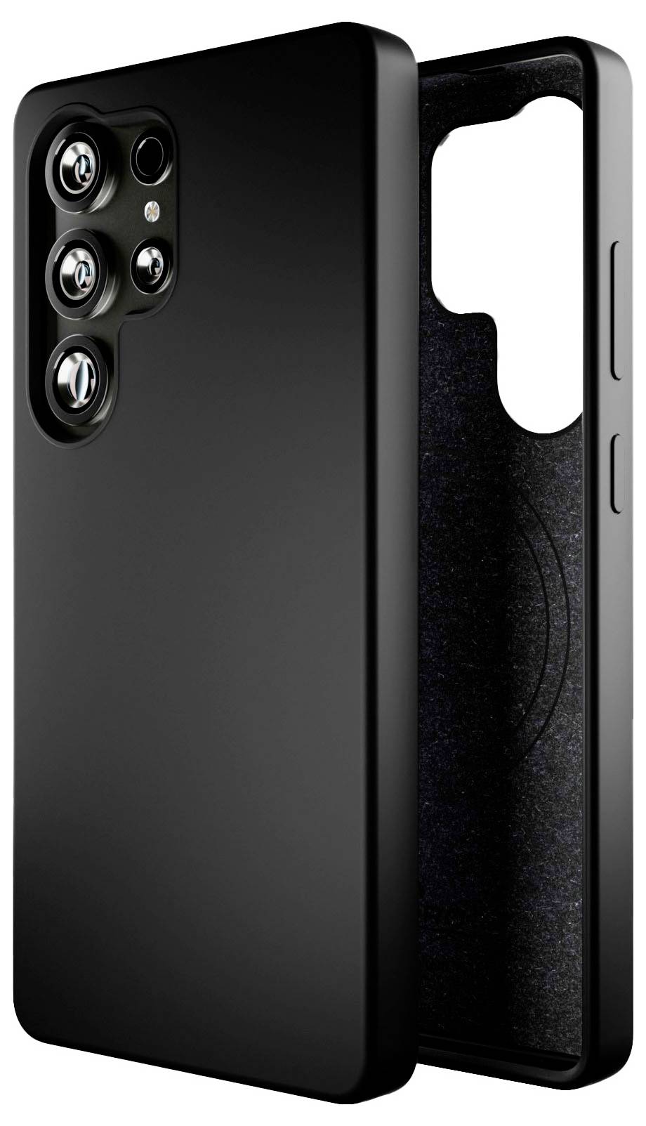 Schwarze Handyhülle mit Aussparungen für Kamera und Tasten, die ihr elegantes Design und das schützende Innere zeigt.