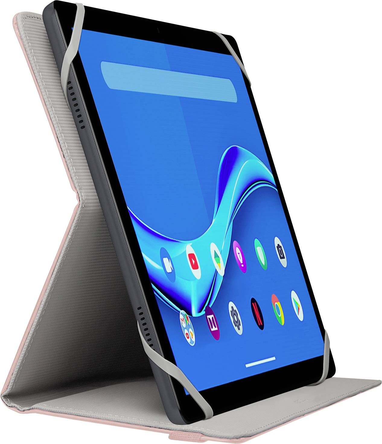 Ein Tablet in einem Ständer zeigt ein Raster aus bunten App-Symbolen auf blauem Hintergrund.