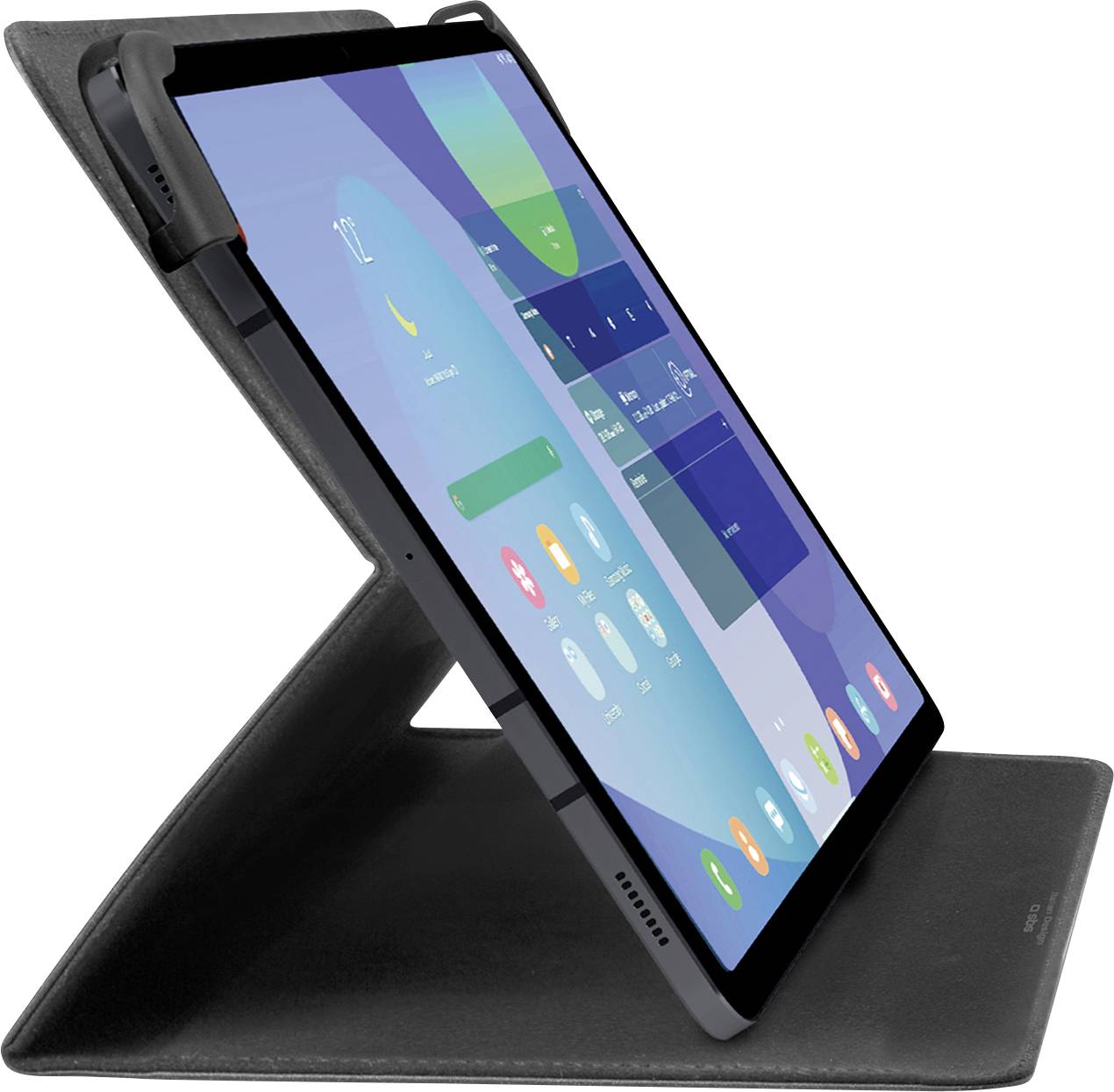 Ein Tablet steht in einem schwarzen Klappsicherheitscase, seitlich angewinkelt. Sein Bildschirm zeigt bunte Apps und eine Uhr an, die '12:12' anzeigt.