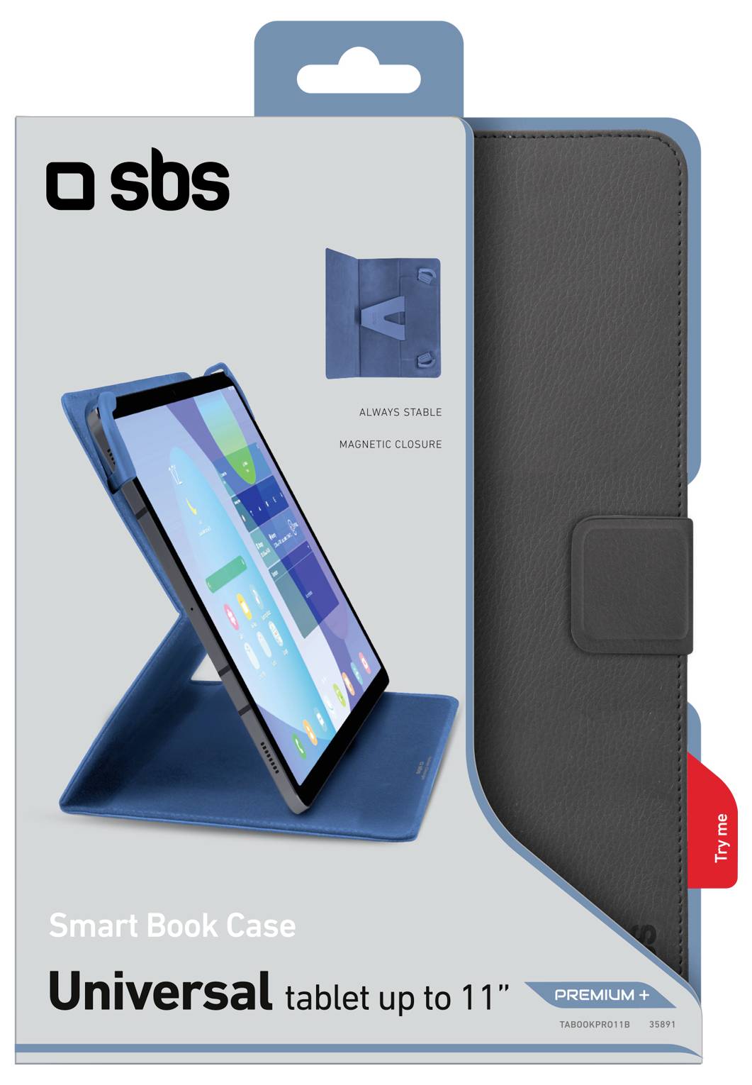 Offenes schwarzes Tablet-Etui mit flexiblem Halter, das die Innenstruktur zur sicheren Gerätebefestigung präsentiert.