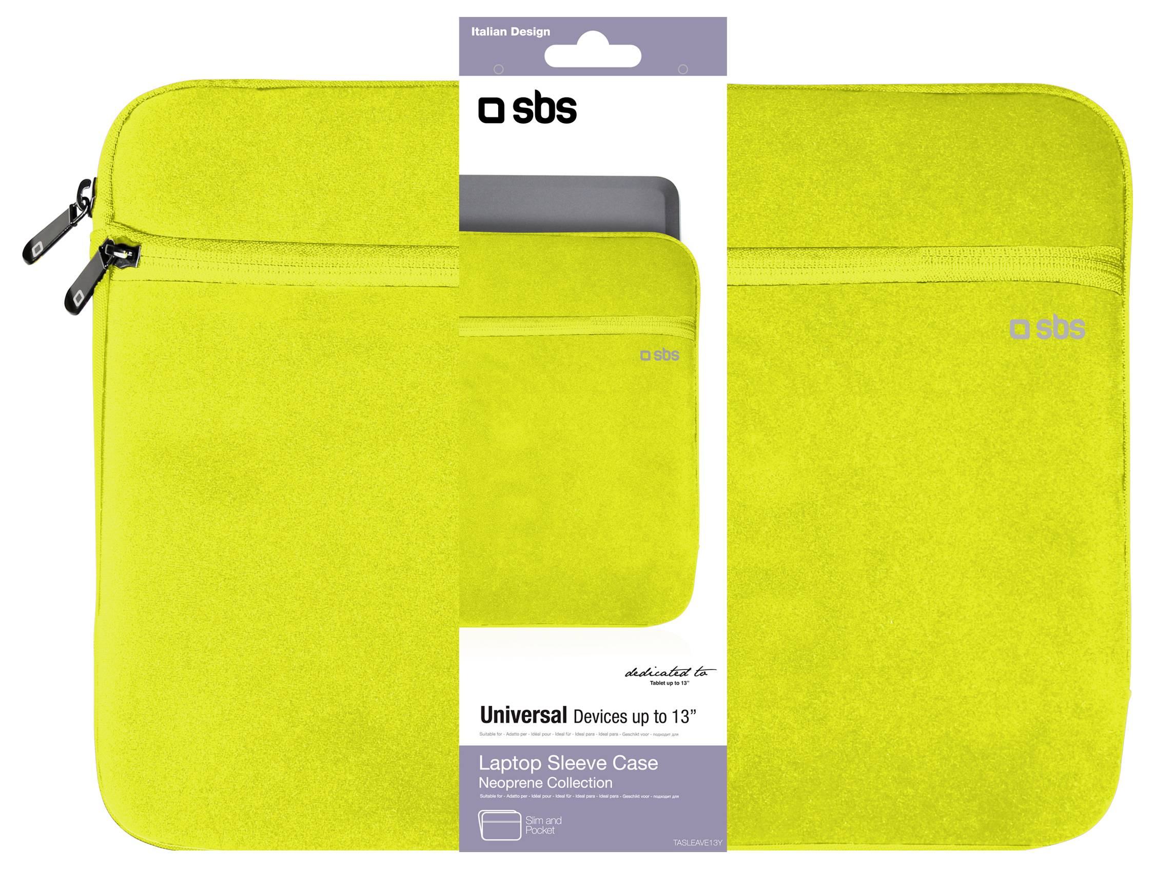 Gelbe SBS Laptop-Schutzhülle für Geräte bis 13 Zoll, mit vorderer Reißverschlusstasche, in Originalverpackung dargestellt.