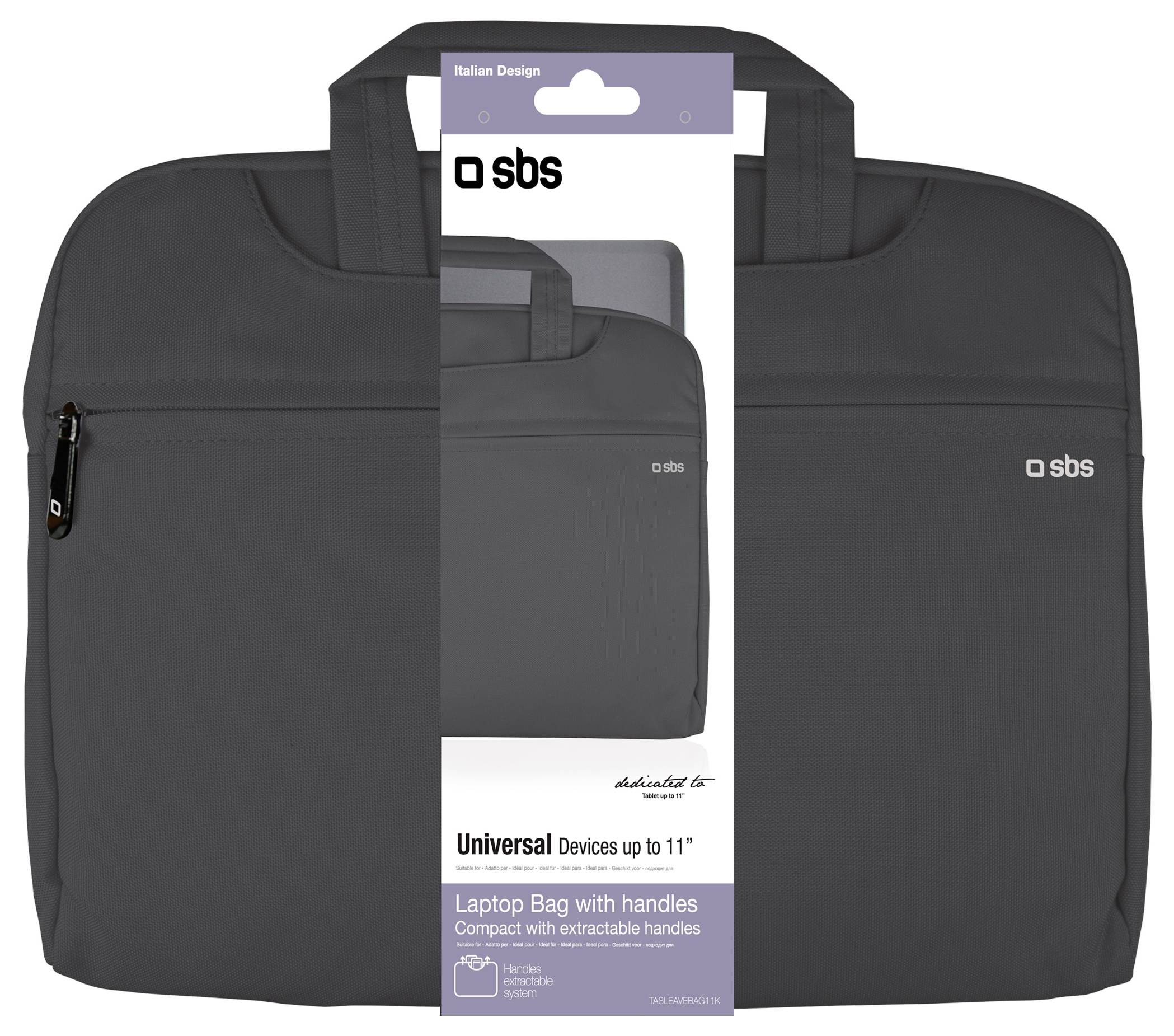 Eine schwarze SBS Universal-Laptop-Tasche mit Griffen, geeignet für Geräte bis 11 Zoll. Mit kompaktem Design und abnehmbaren Griffen.