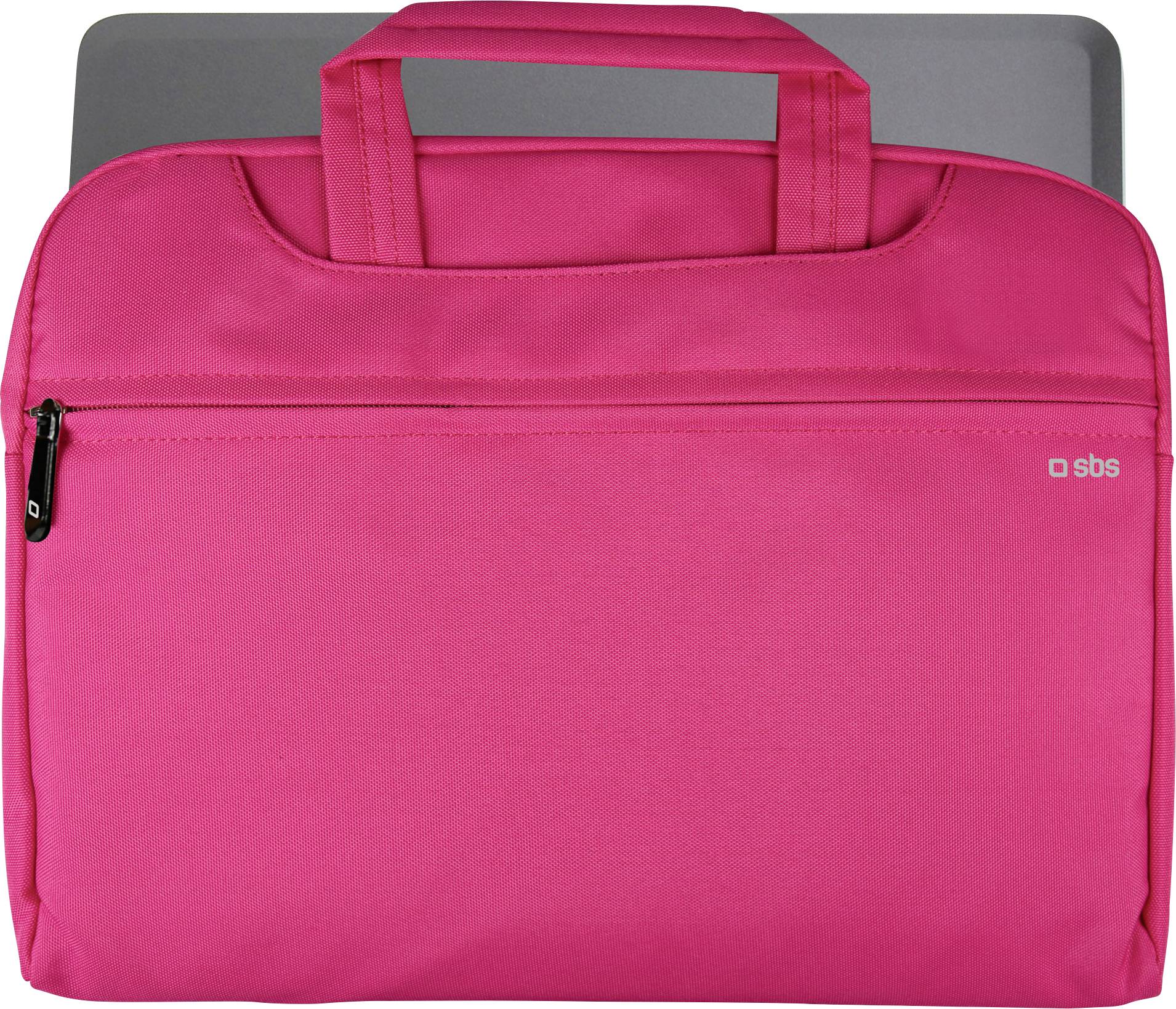 Eine lebendige rosa Laptoptasche mit Griffen und einer vorderen Reißverschlusstasche, aus der oben teilweise ein grauer Laptop hervorschaut.