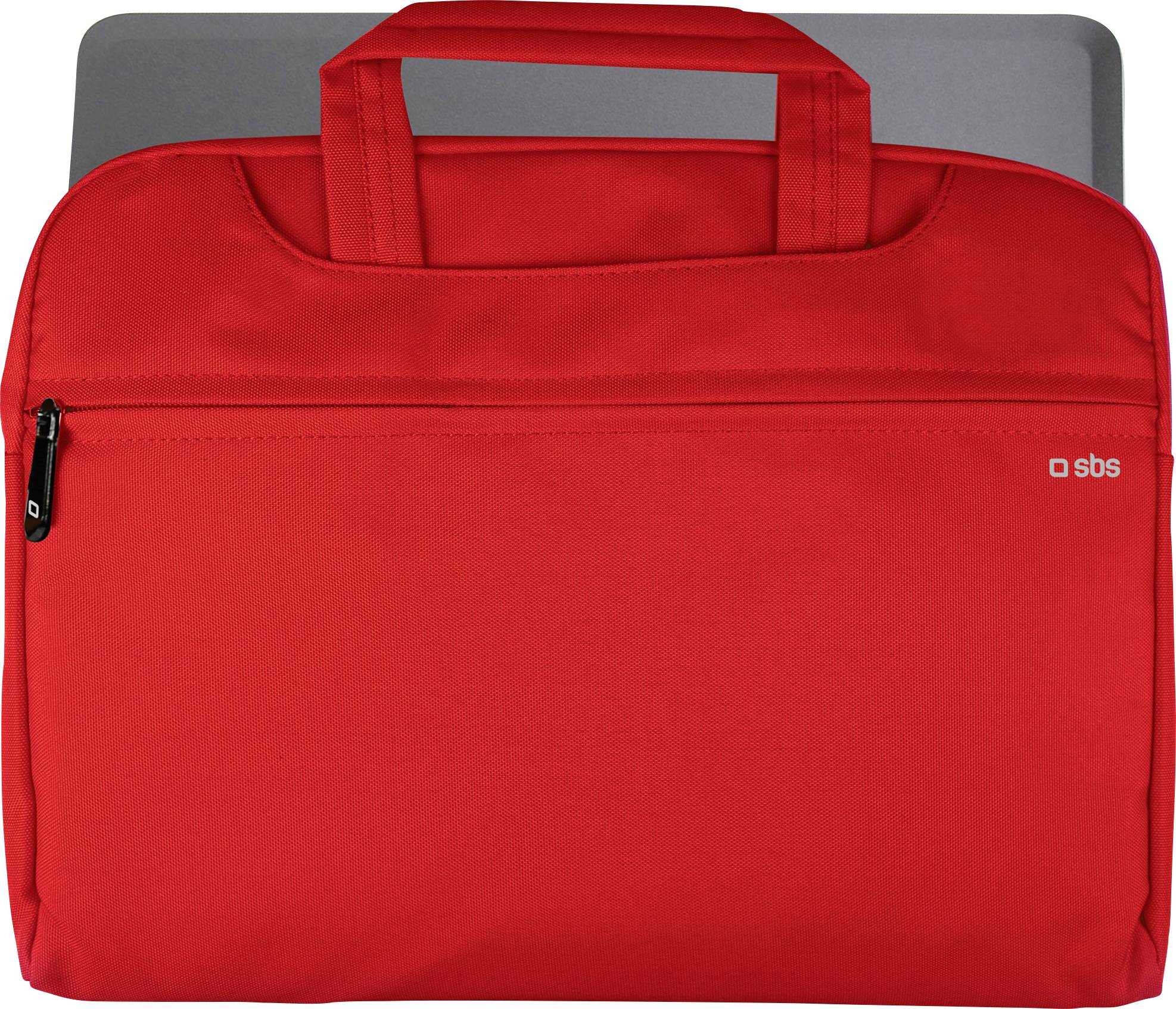 Eine leuchtend rote Laptoptasche mit Griffen und einer vorderen Reißverschlusstasche, die einen geschlossenen silbernen Laptop teilweise enthüllt.