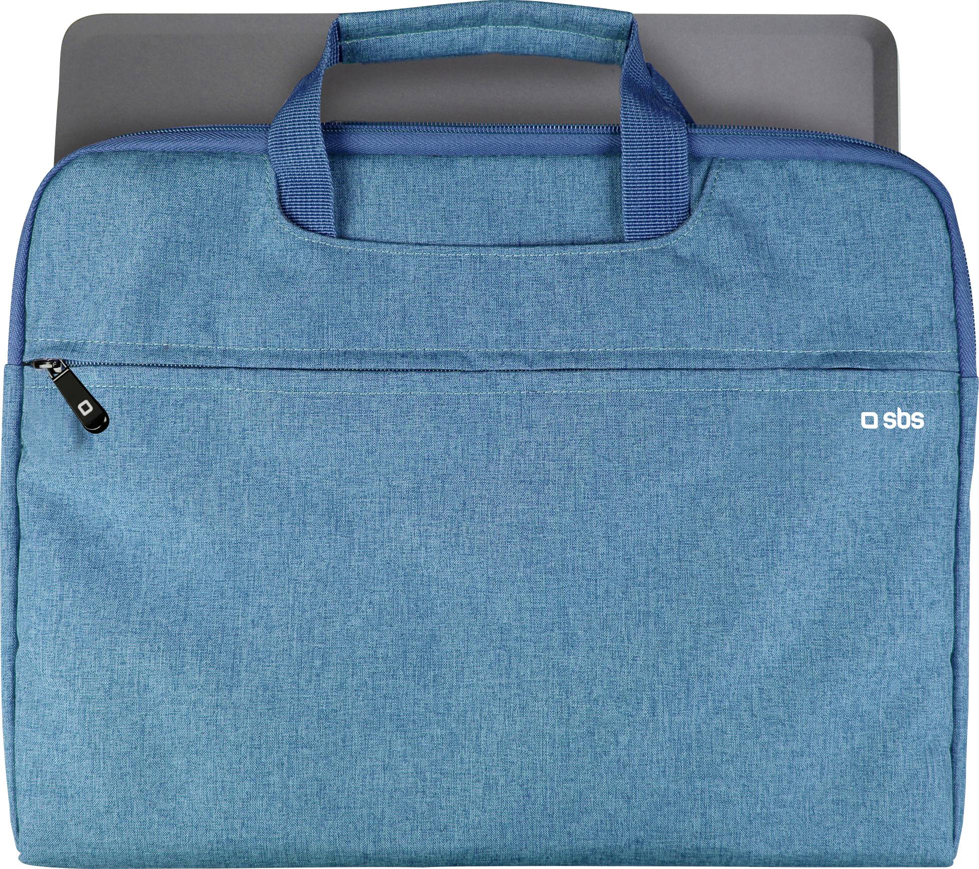 Eine blaue Laptop-Tasche mit einer Reißverschlusstasche an der Vorderseite, Griff oben und einem teilweise eingeführten Laptop, wobei in der Ecke ein SBS-Logo zu sehen ist.