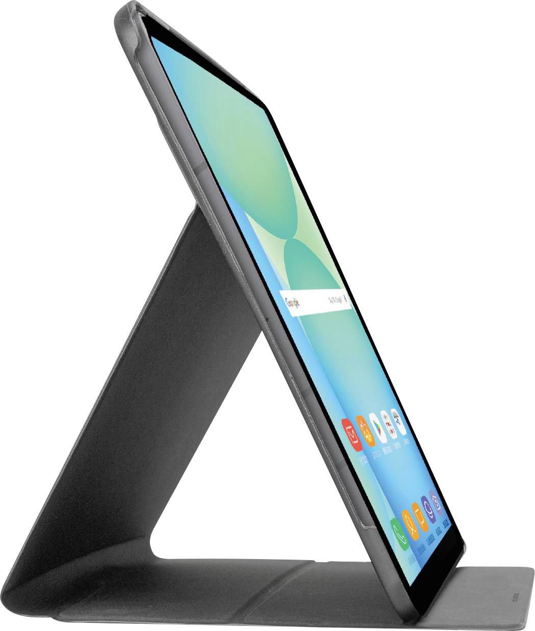 Ein Tablet in einem schwarzen Gehäuse ist auf einem Ständer aufgestellt und zeigt einen Startbildschirm mit verschiedenen App-Symbolen und einem hellblauen Hintergrund an.