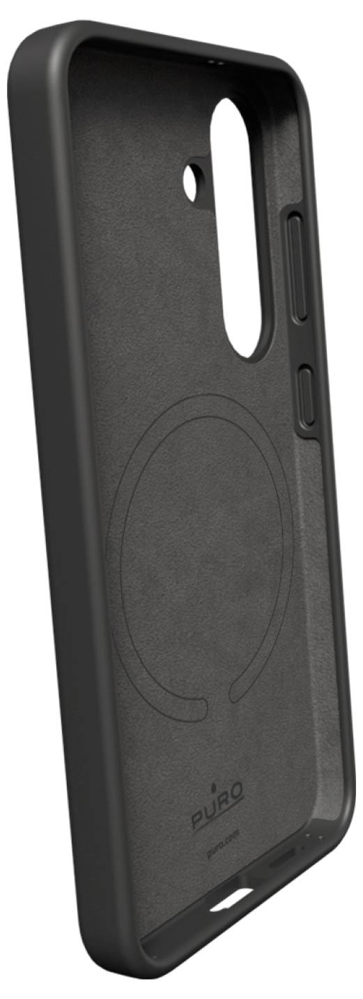 Handyhülle mit schwarzem Mattfinish, mit Aussparungen für die Kamera und Tasten, unten mit der Marke „PURO