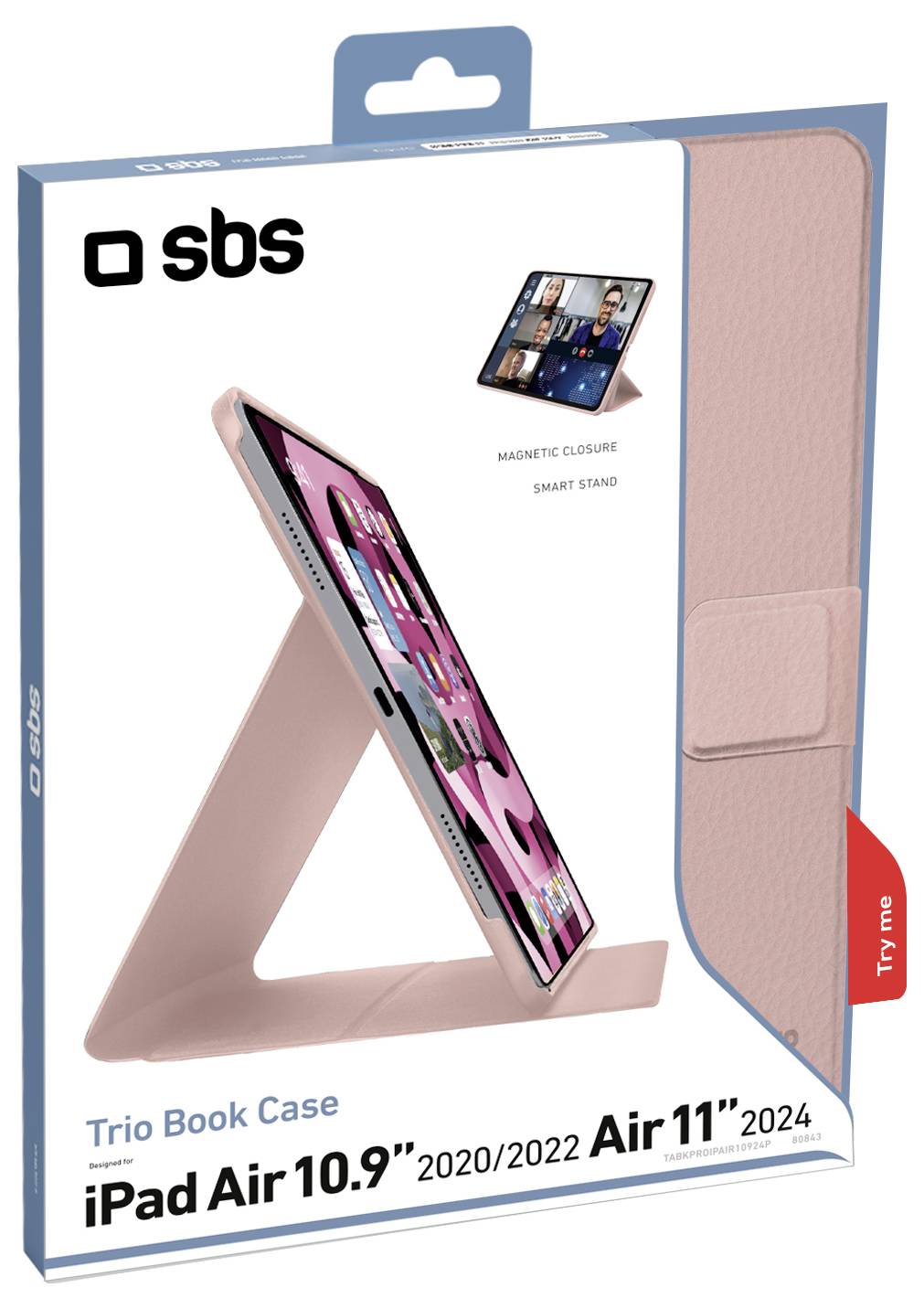 Verpackung für SBS Trio Buchschutzhülle mit angezeigtem rosa iPad-Ständer. Kompatibel mit iPad Air 10,9