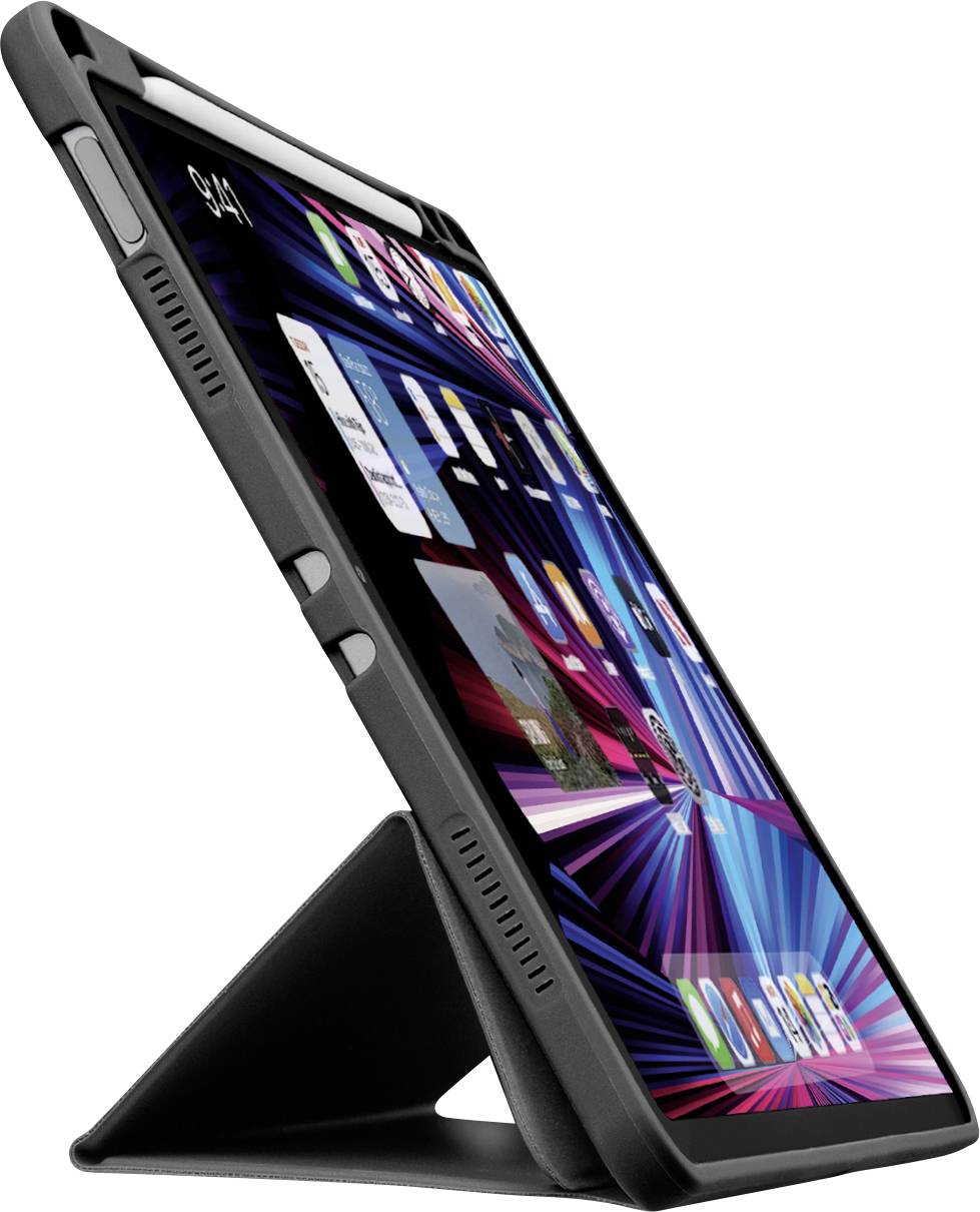 Tablet mit farbenfrohem Bildschirm in einer schwarzen Schutzhülle in dreieckiger Position stehend, zeigt App-Symbole und Hintergrundbild in leuchtenden Farben.
