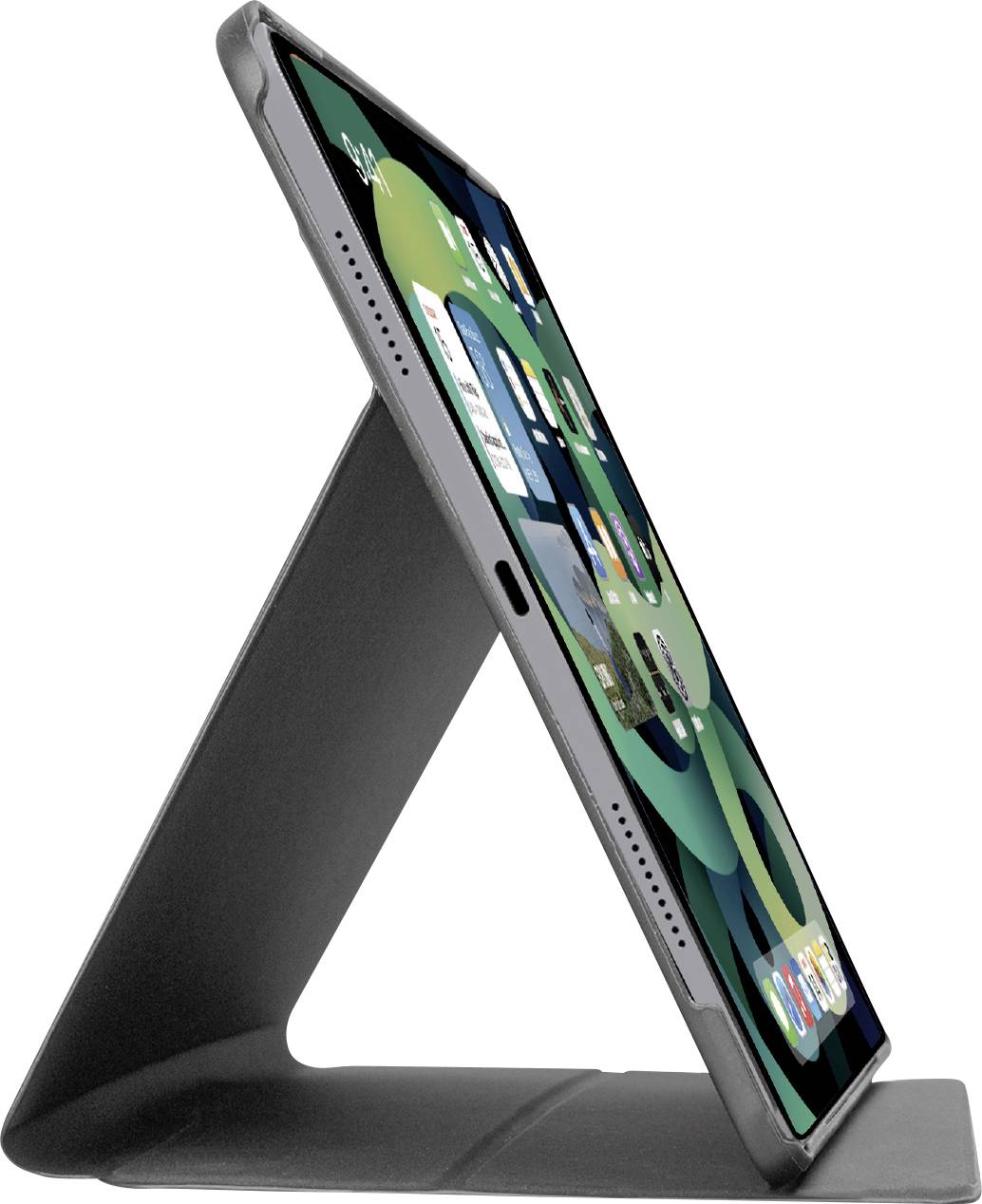 Ein Tablet in einem grauen Gehäuse ist in einem Ständer aufgestützt und zeigt App-Symbole auf dem Bildschirm. Das Gerät wird aus einem seitlichen Winkel betrachtet.