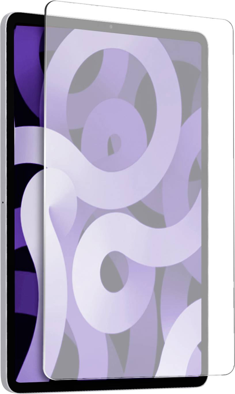 Ein Tablet mit einem lila abstrakten Wellenmuster auf dem Bildschirm und einer transparent angebrachten Schutzfolie, die teilweise angebracht ist.