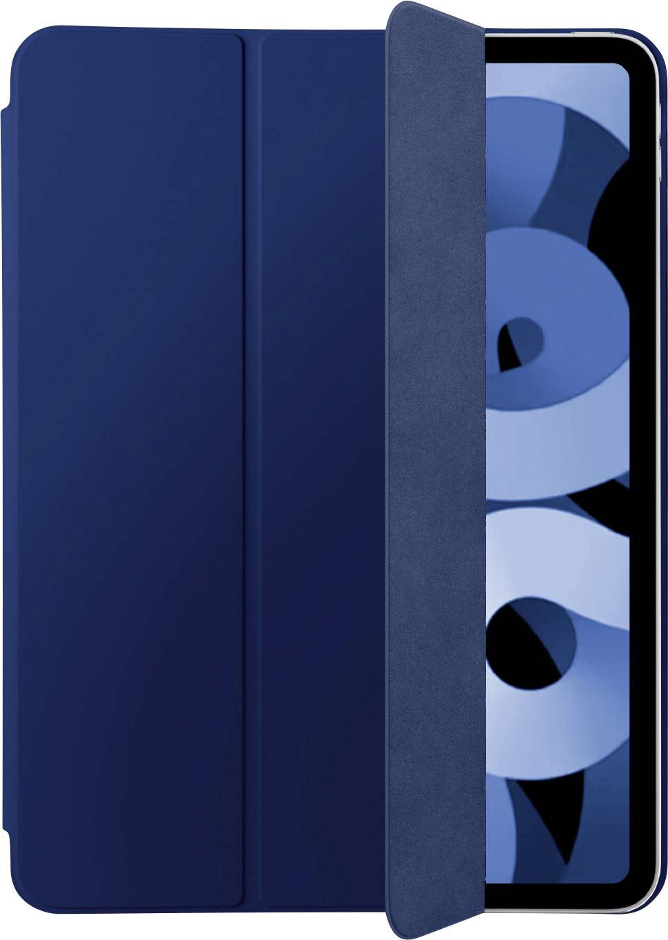 Ein Tablet, das teilweise von einem blauen Schutzetui bedeckt ist und einen Bildschirm mit abstrakten kreisförmigen blauen Mustern zeigt.