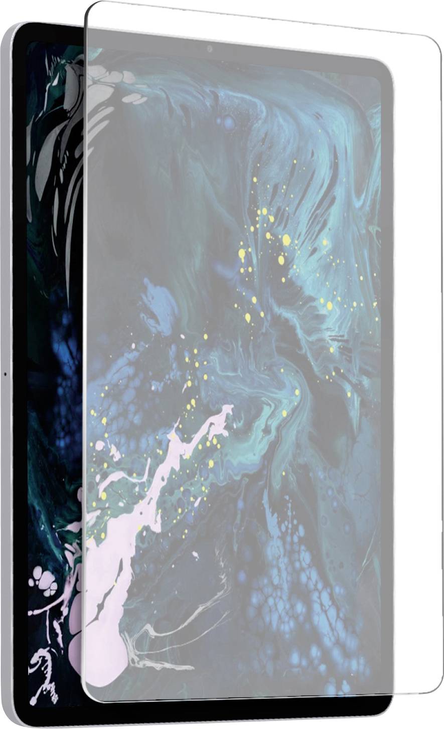 Ein Tablet mit einem farbenfrohen abstrakten Bildschirmdesign, teilweise bedeckt von einer transparenten Schutzfolie, was auf Nutzung oder Schutz hindeutet.