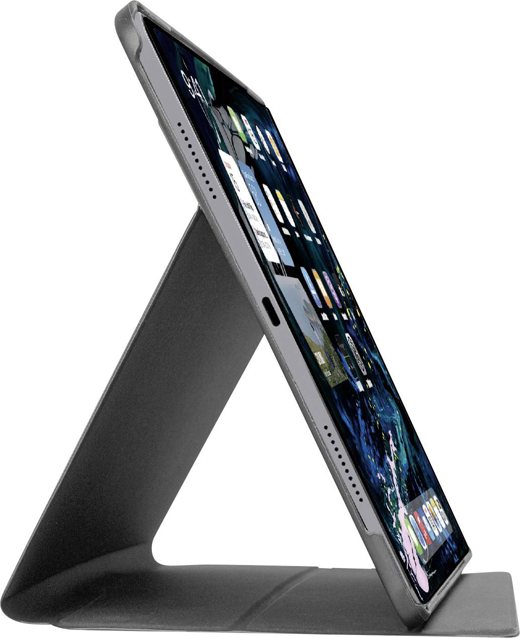 Ein Tablet mit schlankem Profil, das auf einem dreieckigen Ständer aufgestützt ist und ein farbenfrohe Benutzeroberfläche mit sichtbaren Apps und Benachrichtigungen auf dem Bildschirm anzeigt.