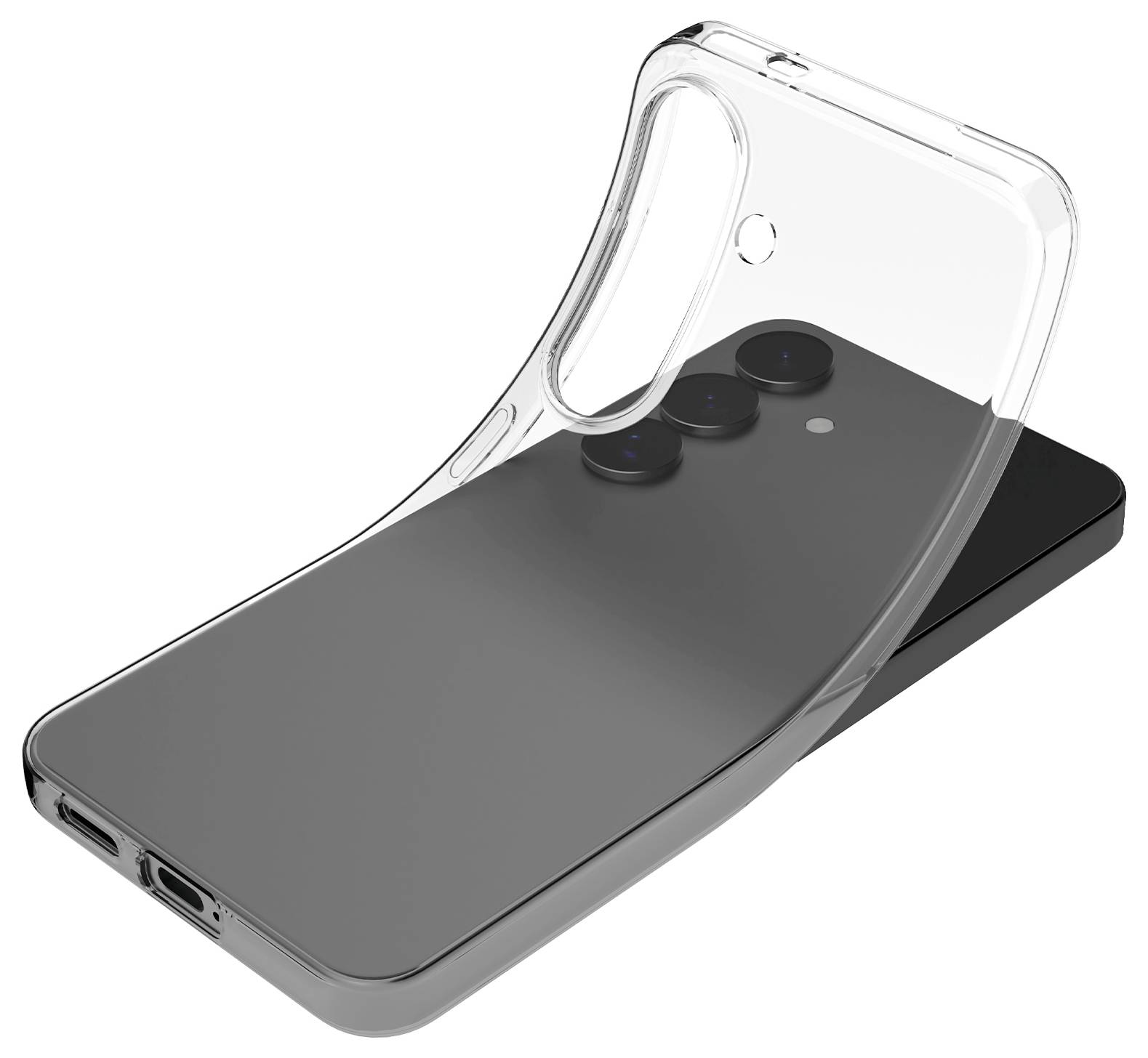 Ein transparentes Handyhülle wird über einem Smartphone angebracht und zeigt Kamera- und Anschlussöffnungen, die Kompatibilität und Schutz betonen.