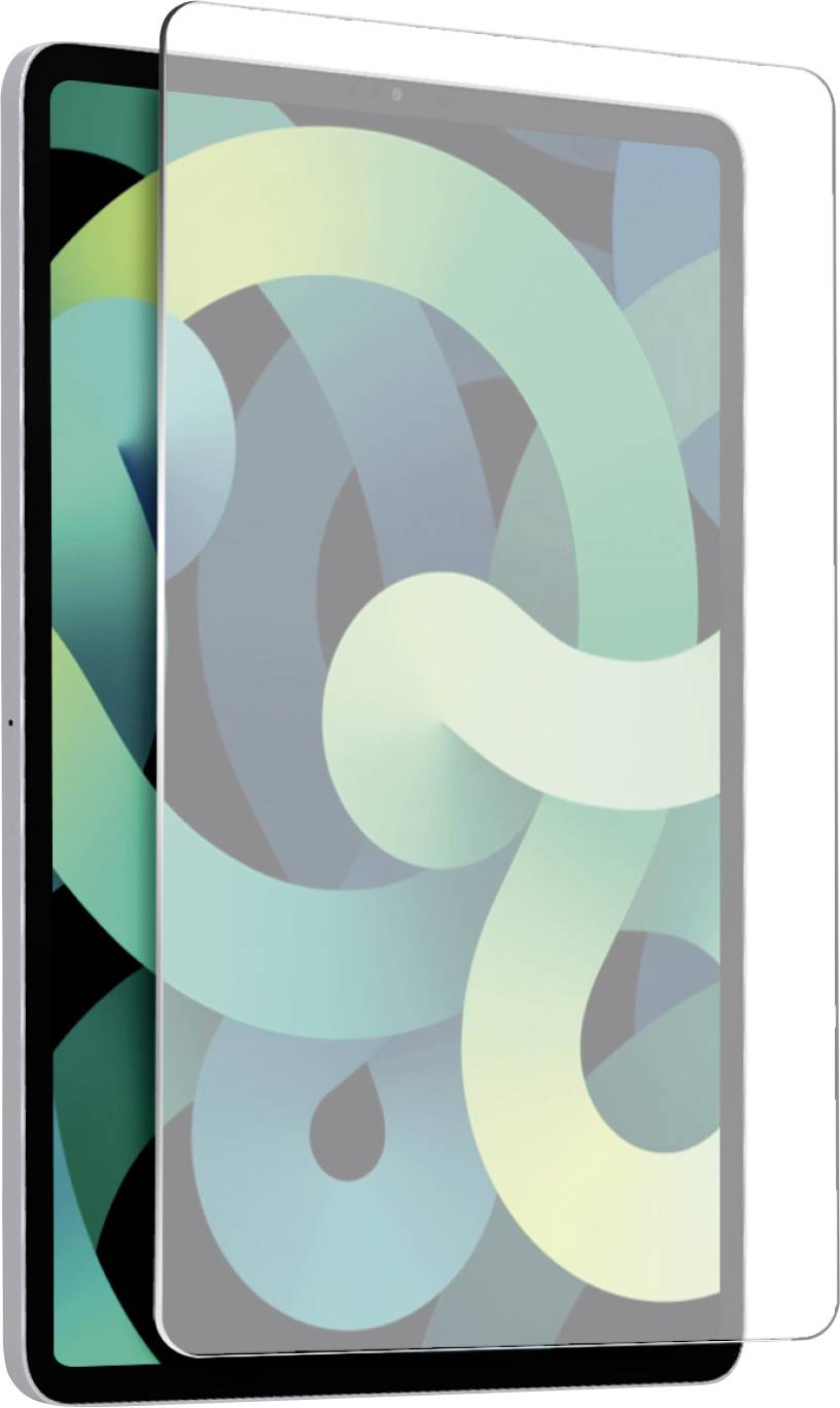 Ein Tablet mit einem lebendigen abstrakten Wirbelhintergrund, teilweise bedeckt durch eine transparent positionierte Displayschutzfolie im Vordergrund.