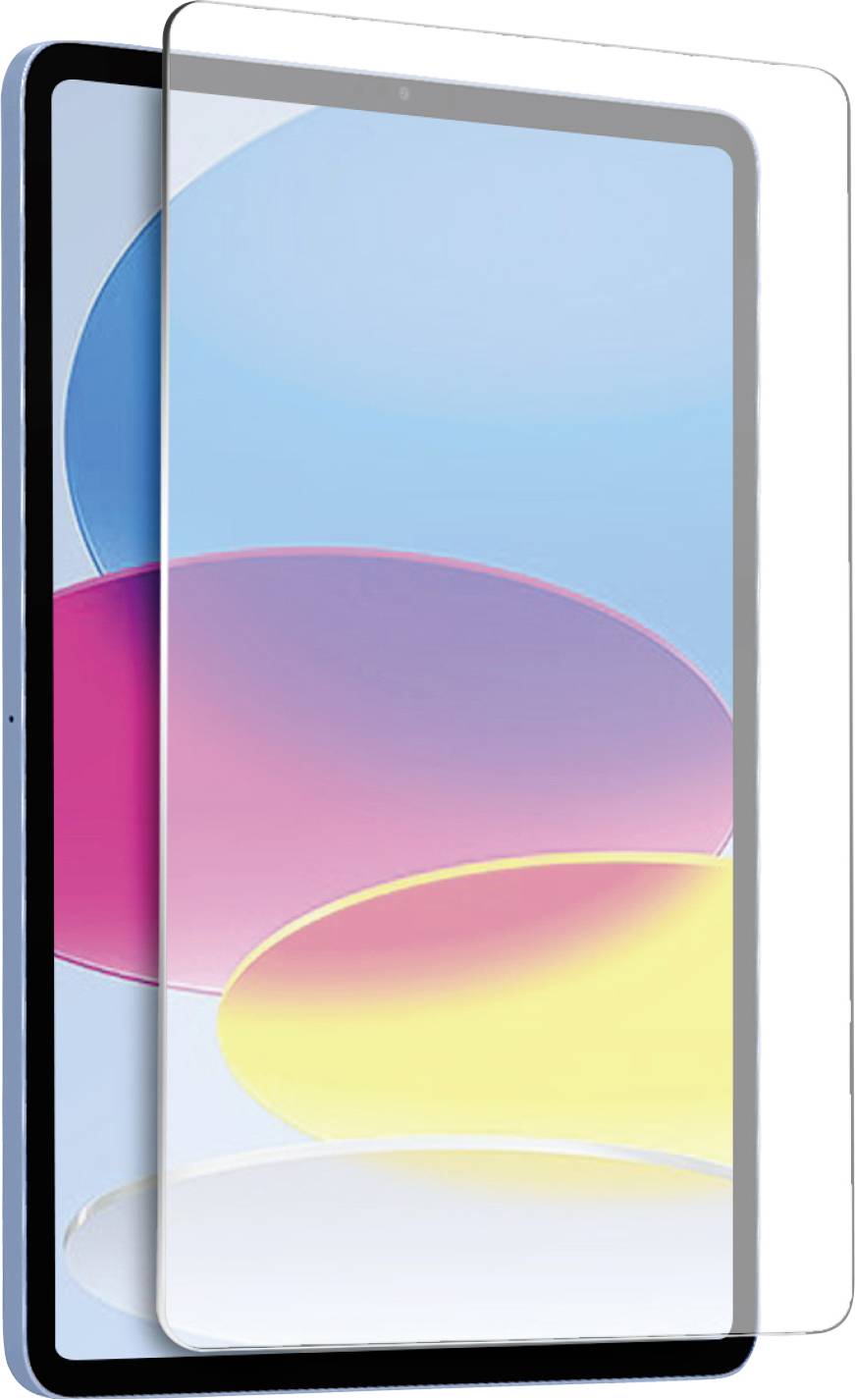 Ein Tablet-Bildschirm mit einem farbenfrohen Farbverlauf-Hintergrund ist teilweise von einer transparenten, schützenden Displayschutzfolie bedeckt.